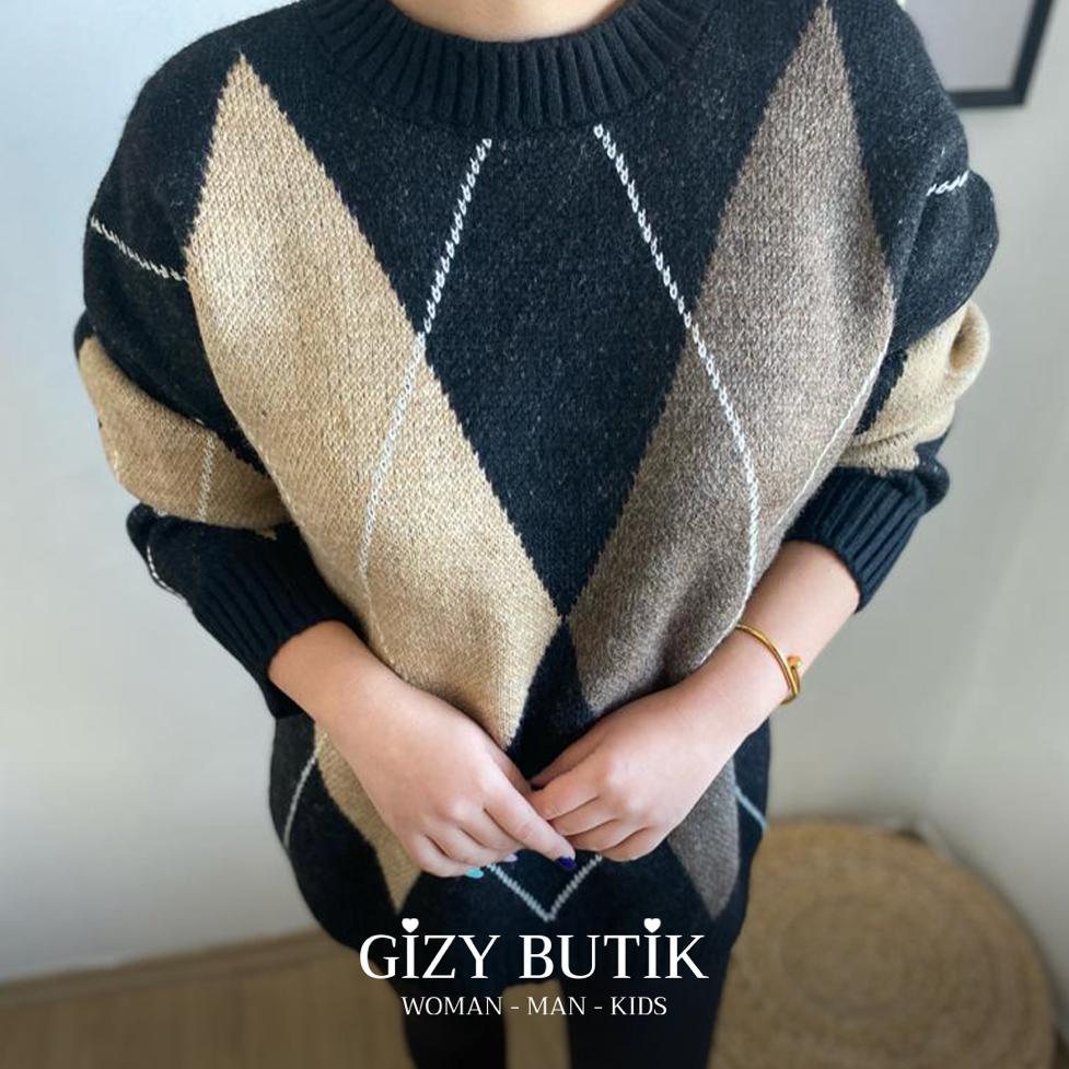 Baklava Desen Siyah Oversize Kadın Kazak