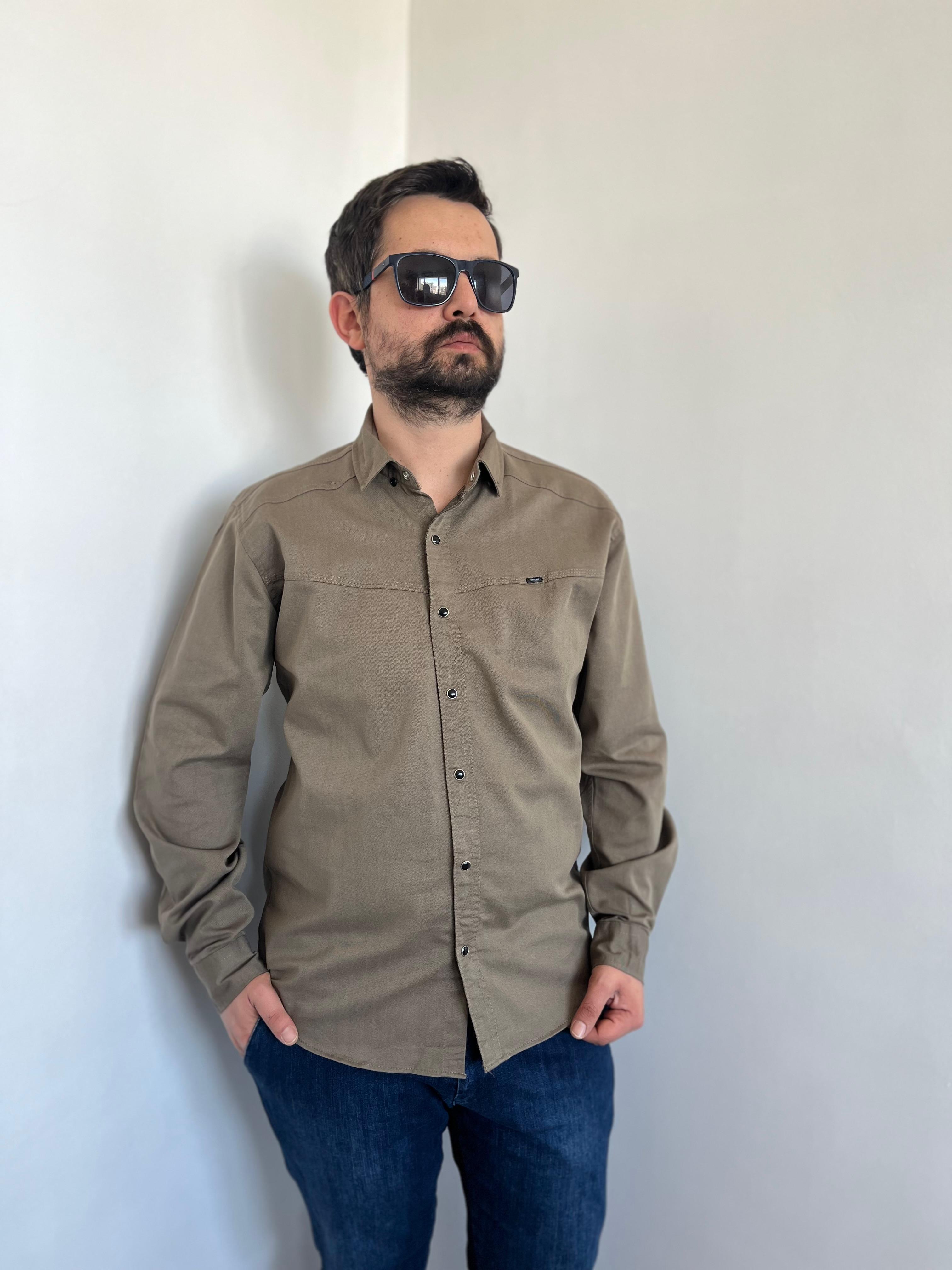 Çıtçıtlı Slim Haki İnce Denim Gömlek