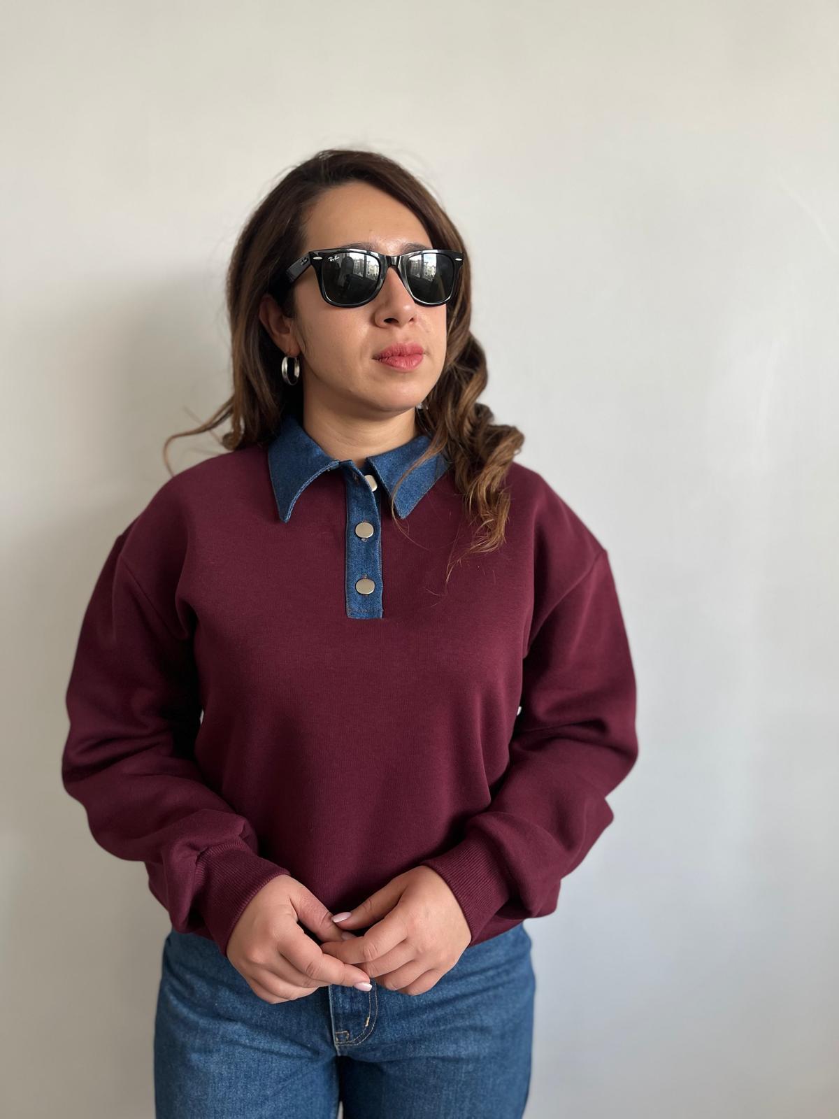 Denim Yaka Bordo Sweatshirt