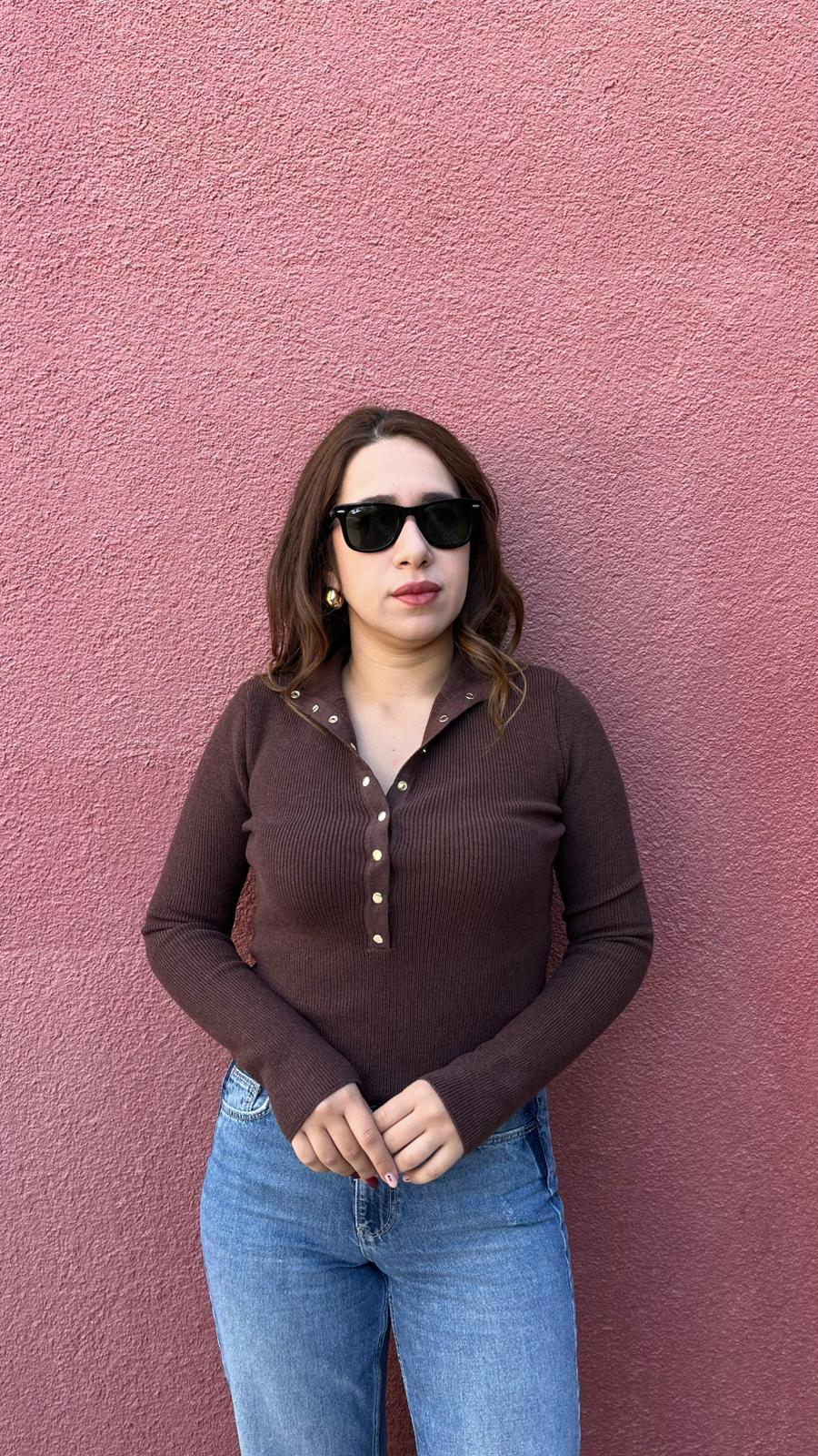 Gold Düğmeli Kahve Uzun Kol Triko