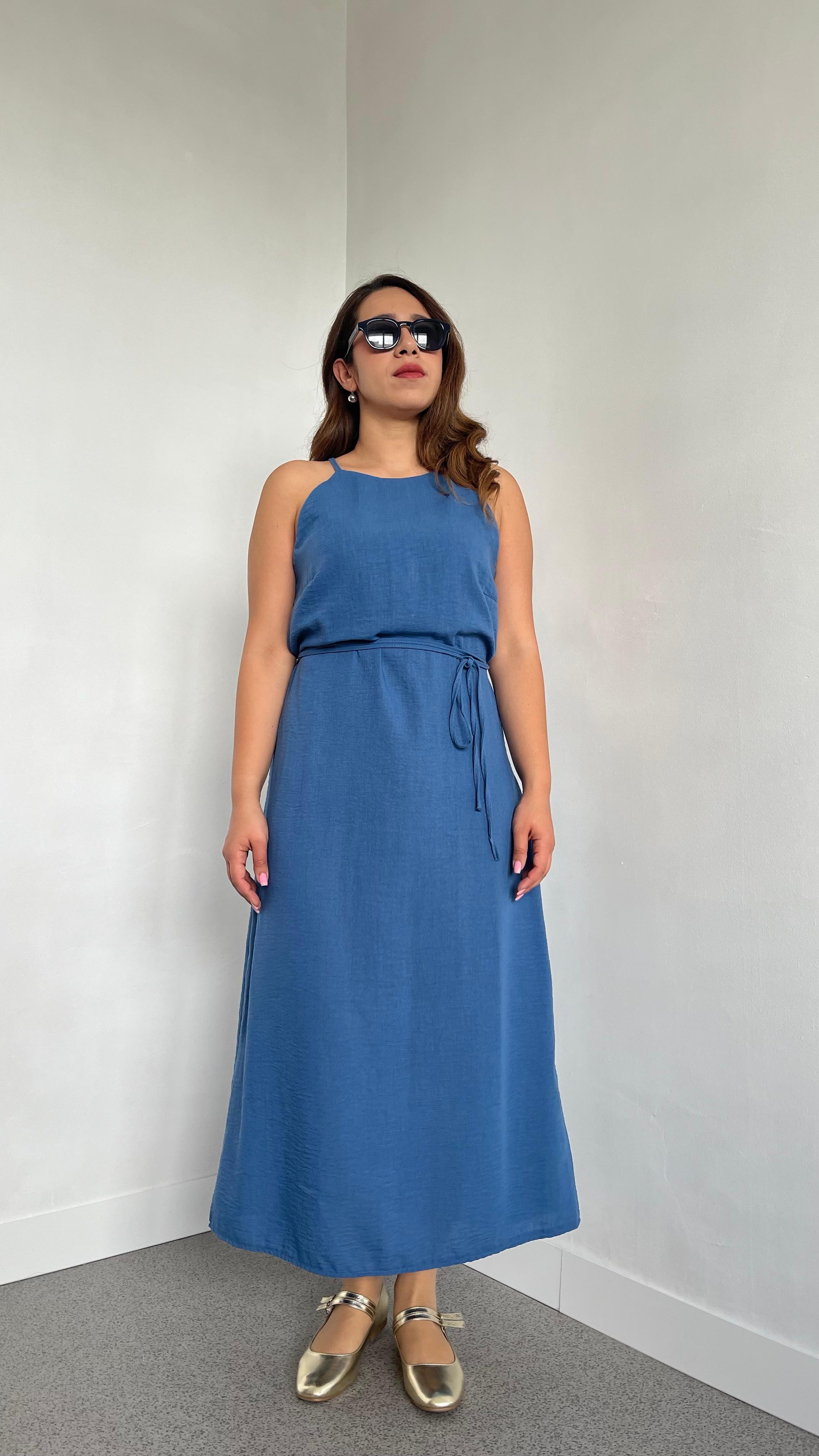 Halter Askılı Müslin Mavi Elbise