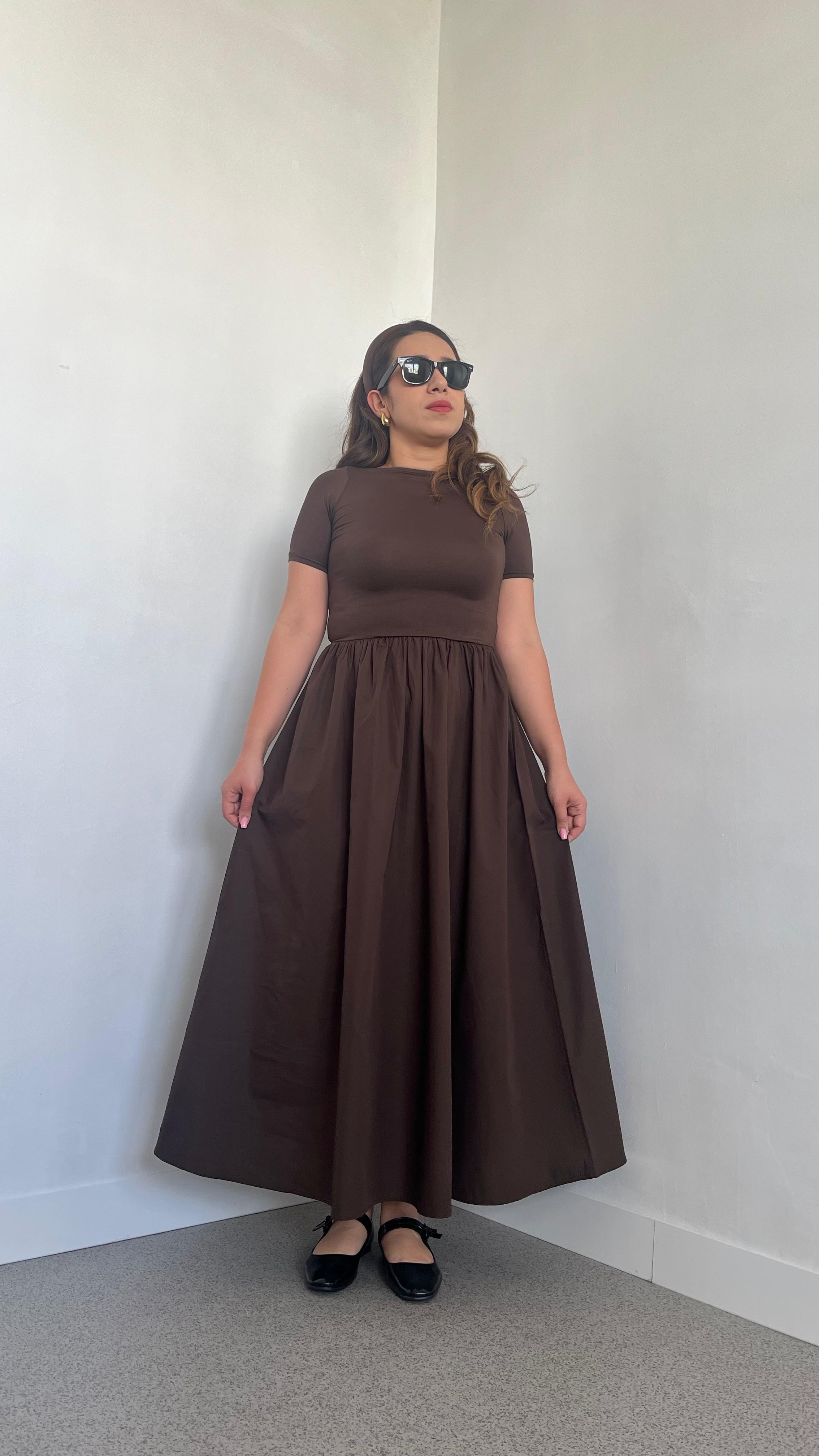 Kahve Debose Kısa Kollu Elbise