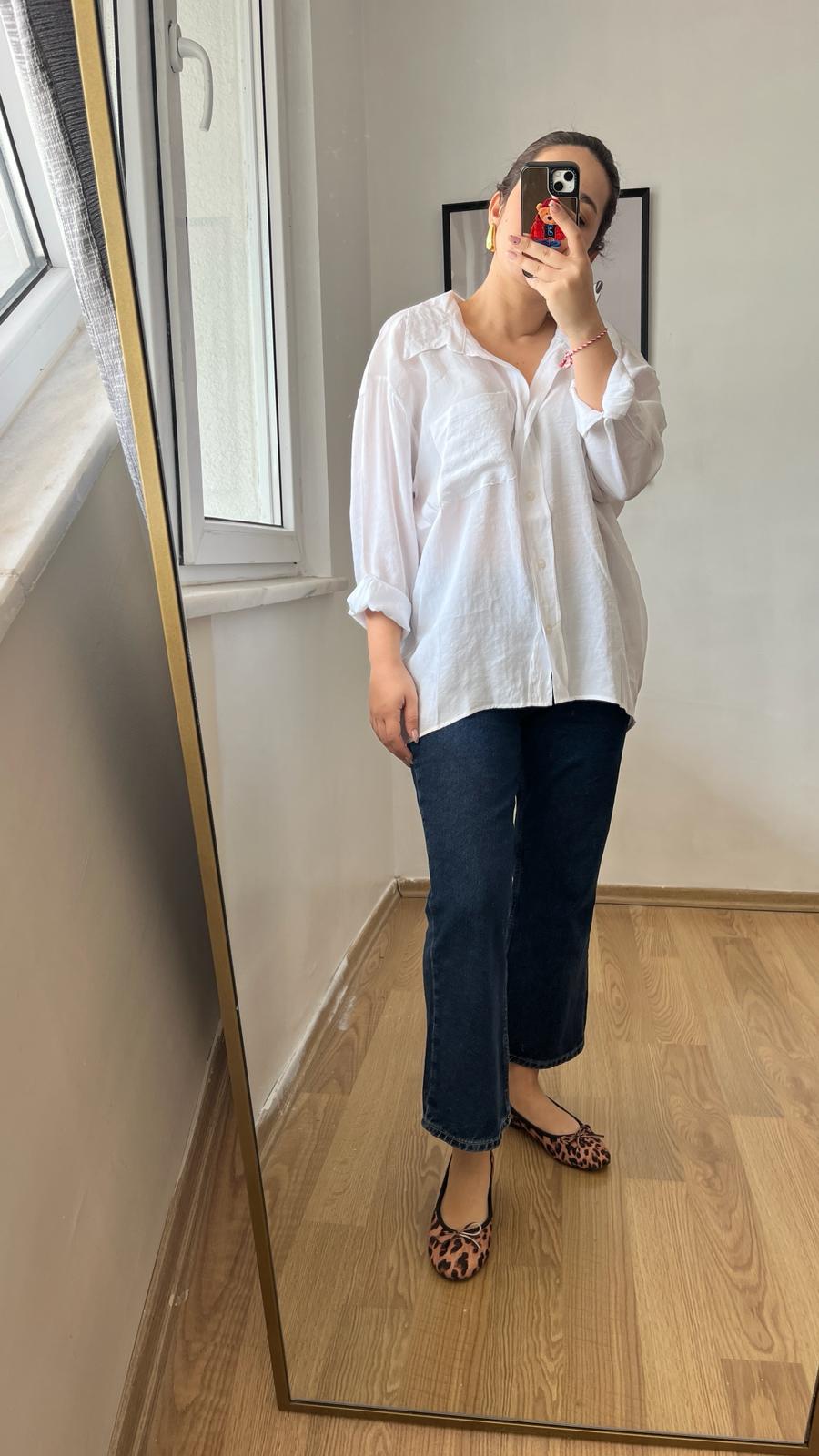 Keten Karışımlı Cepli Kadın Gömlek