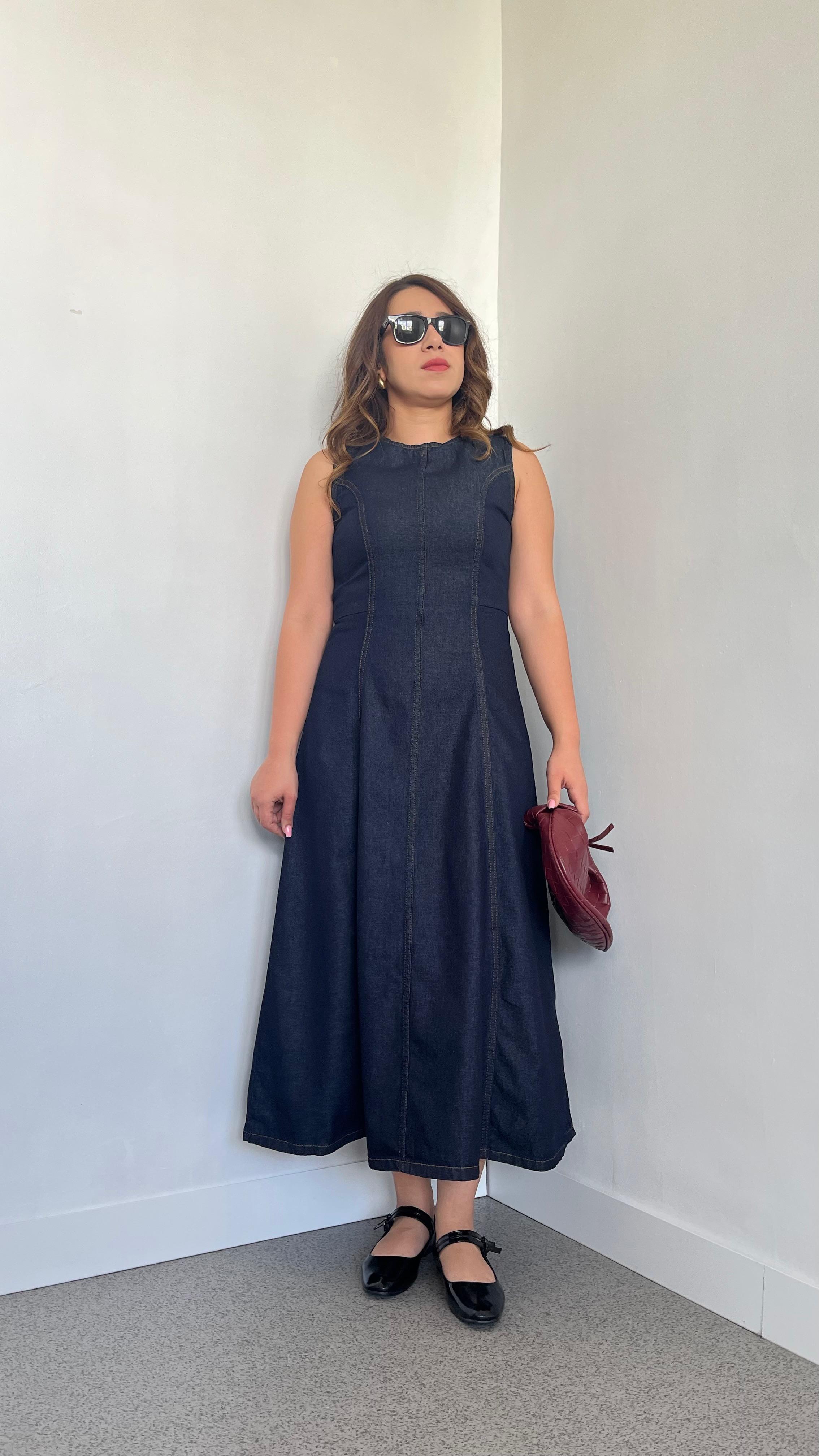 Kolsuz Denim Midi Elbise