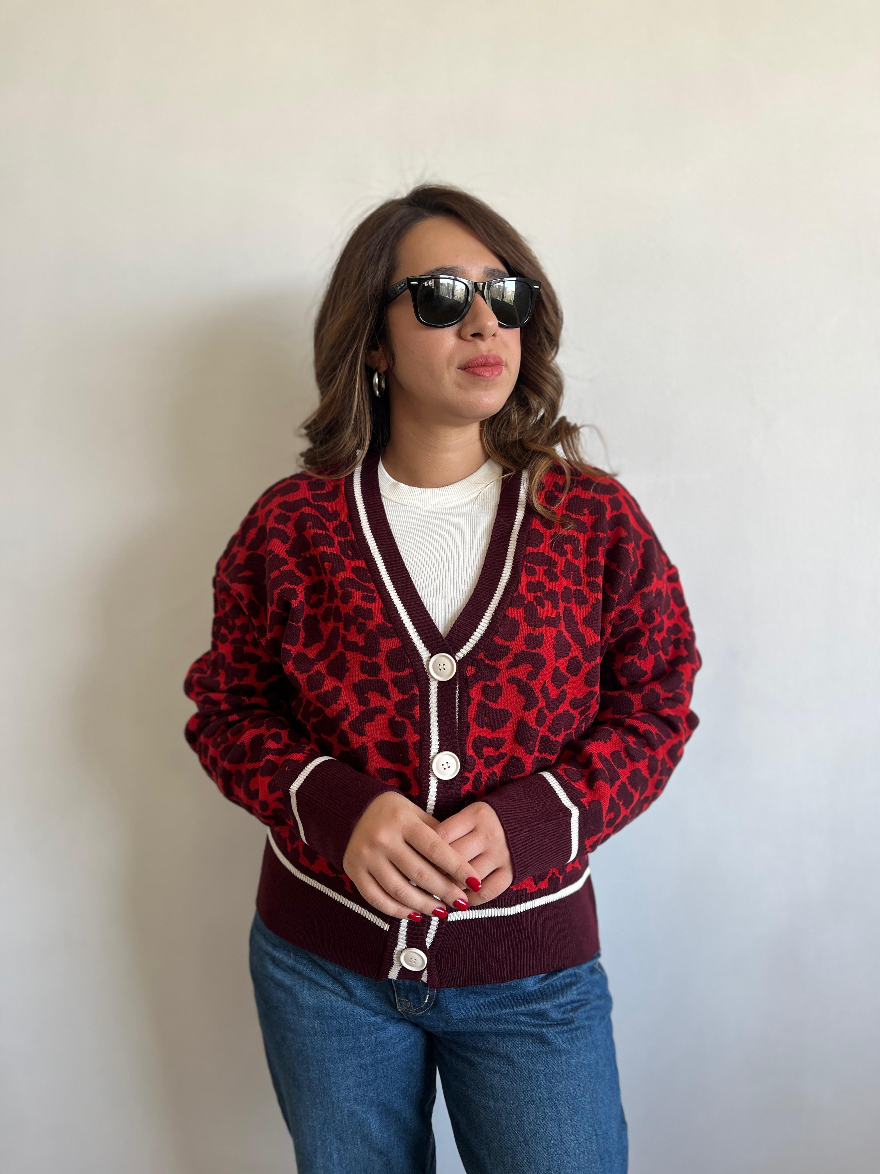 Leopar Desen Kırmızı Hırka