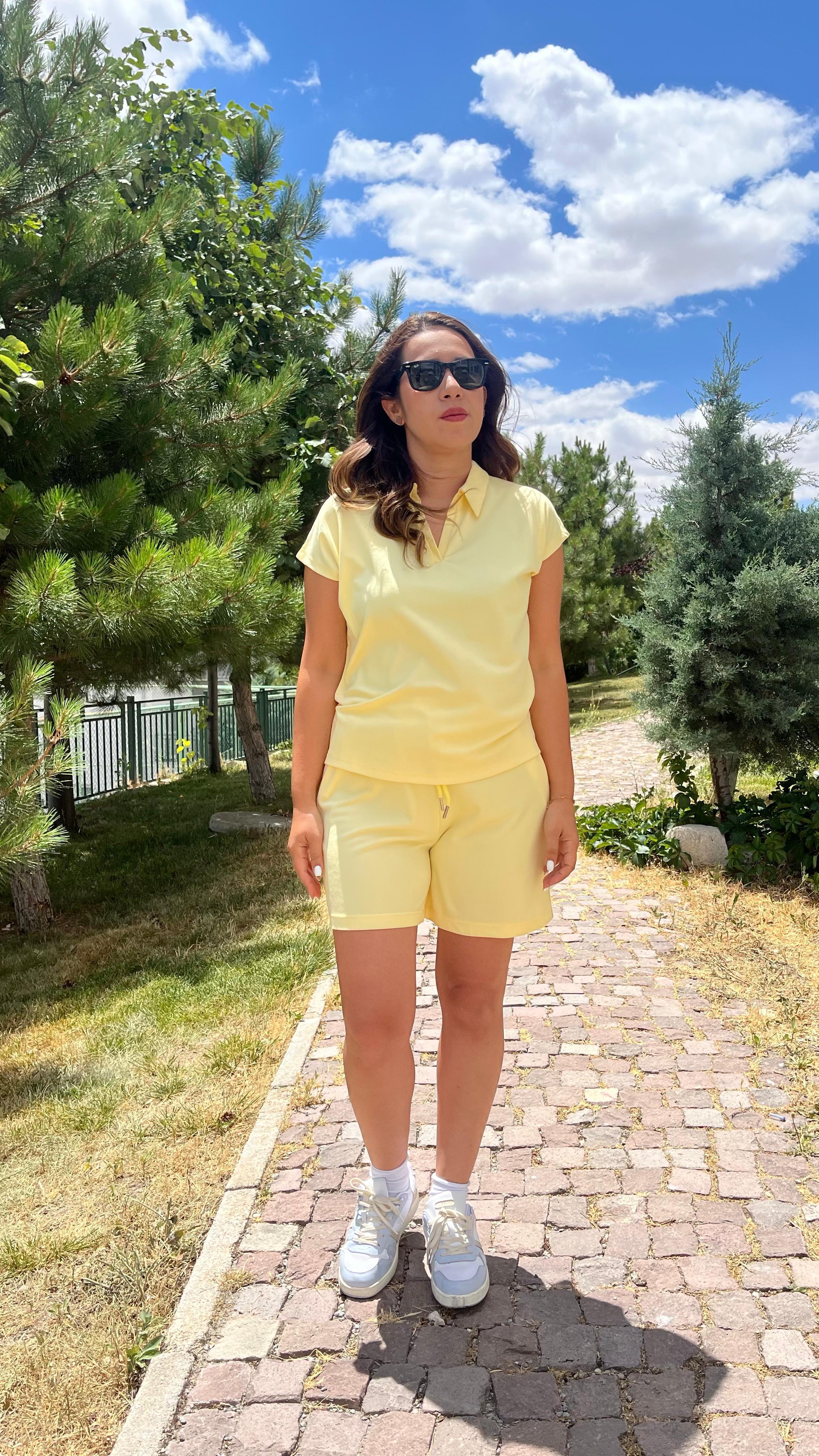 Modal Kumaş Şort-Tişört Bel Lastikli Sarı Takım