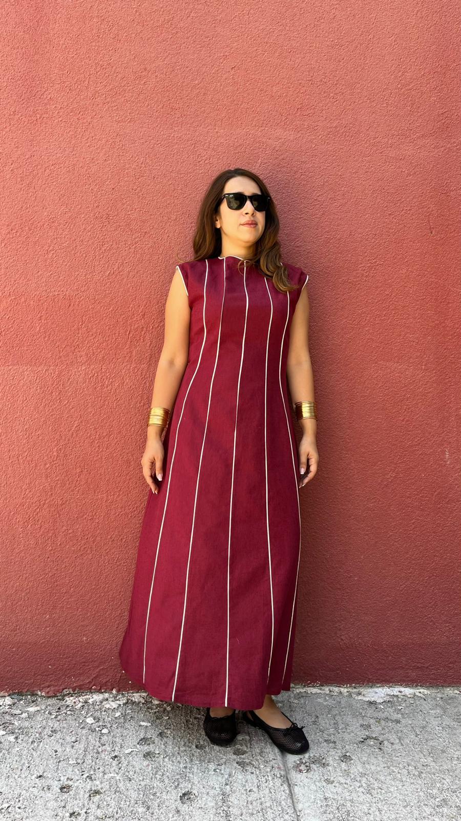 Sıfır Kol Biyeli Bordo Keten Elbise