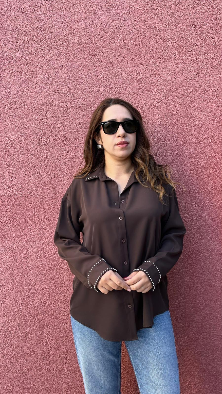 Taş Detay Kahve Kadın Gömlek