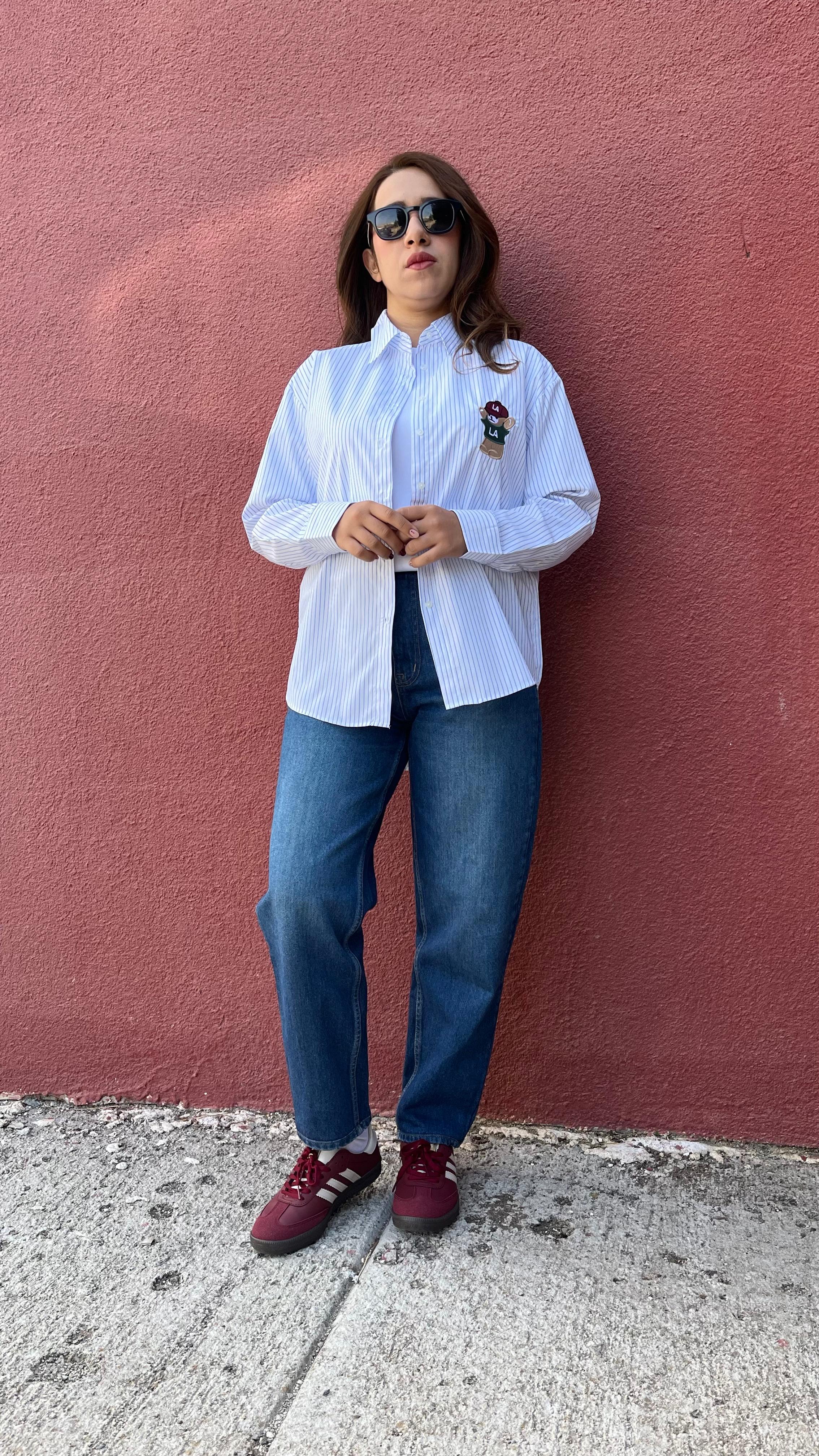 Teddy Beyaz Çizgili Kadın Gömlek