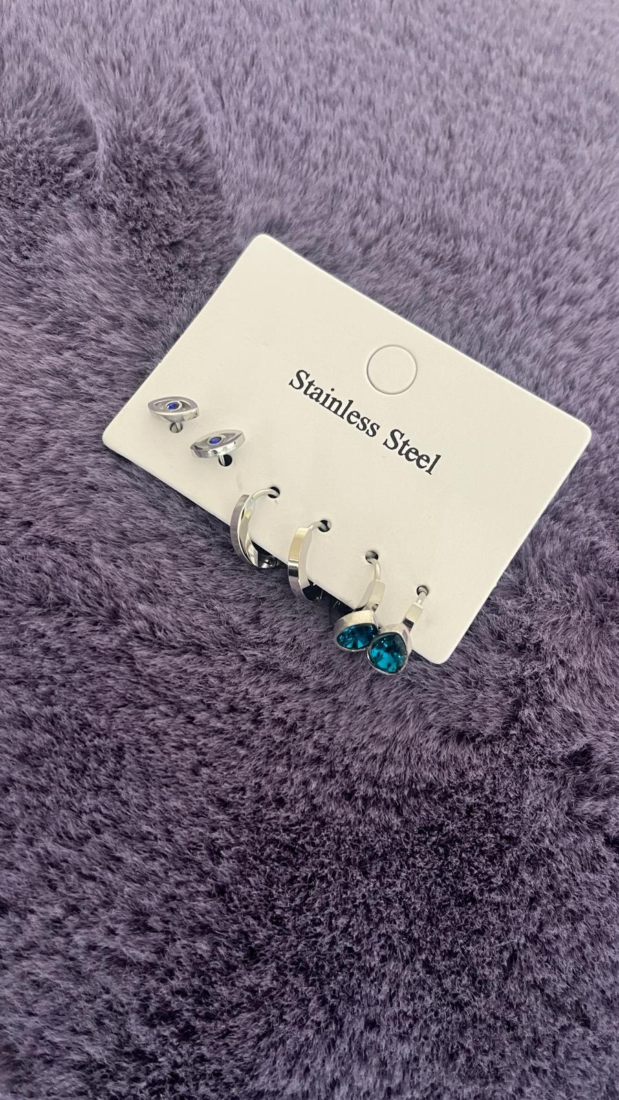 Üçlü Mavi Taşlı Silver Küpe