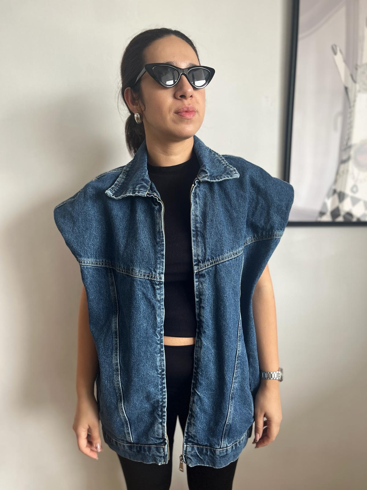 Vatkalı Uzun Mavi Denim Kadın Yelek