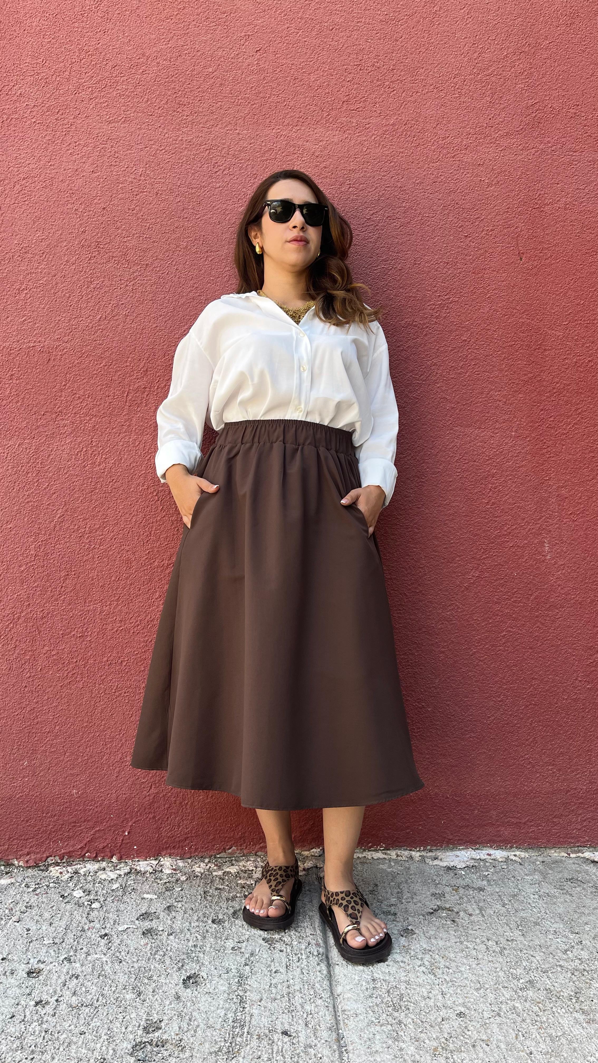 Volanlı Bel Lastikli Acı Kahve Midi Etek