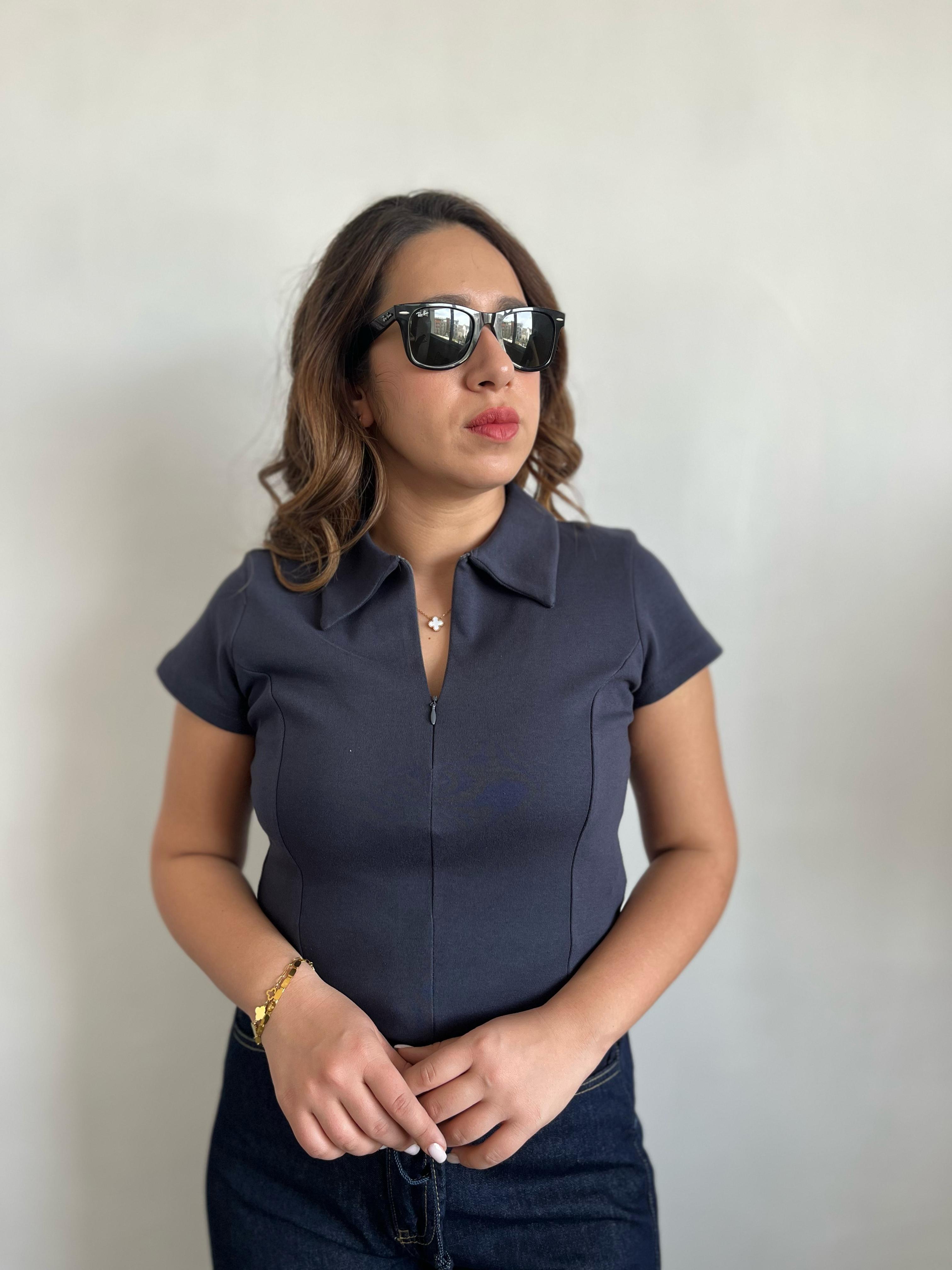 Yakalı Fermuarlı Antrasit Bluz