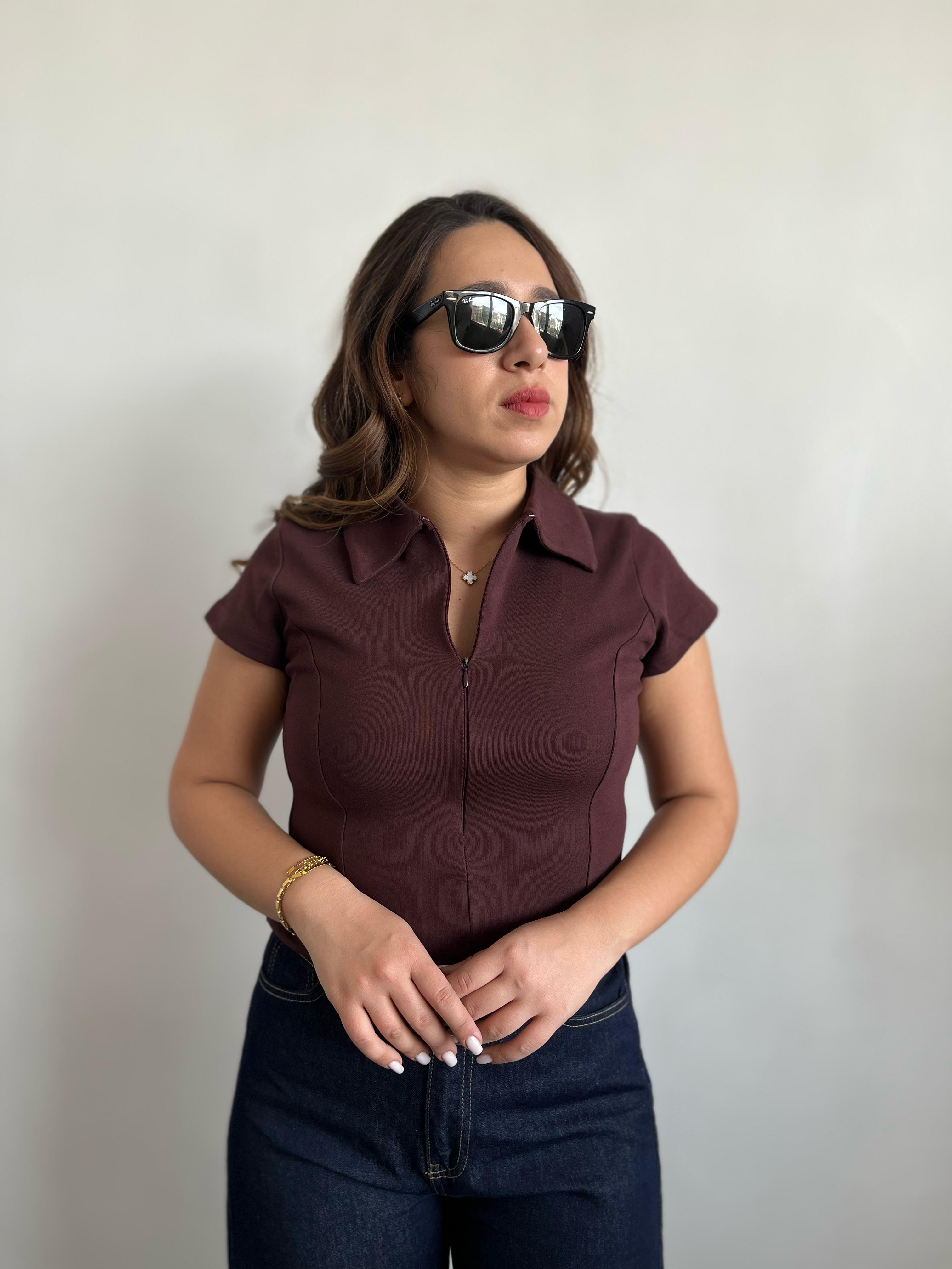 Yakalı Fermuarlı Kahverengi Bluz