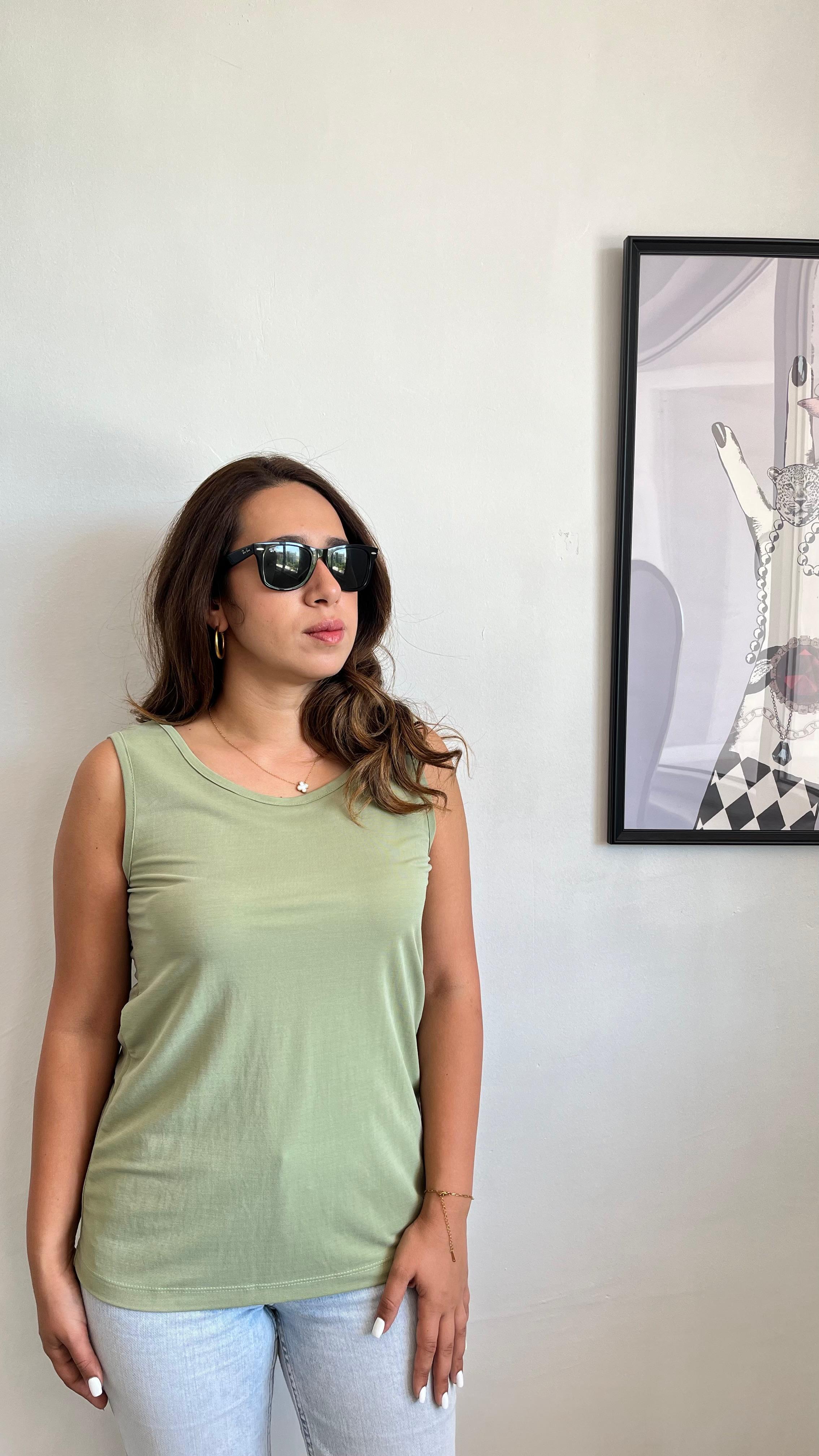 Yeşil Kalın Askılı Premium Doku Bluz