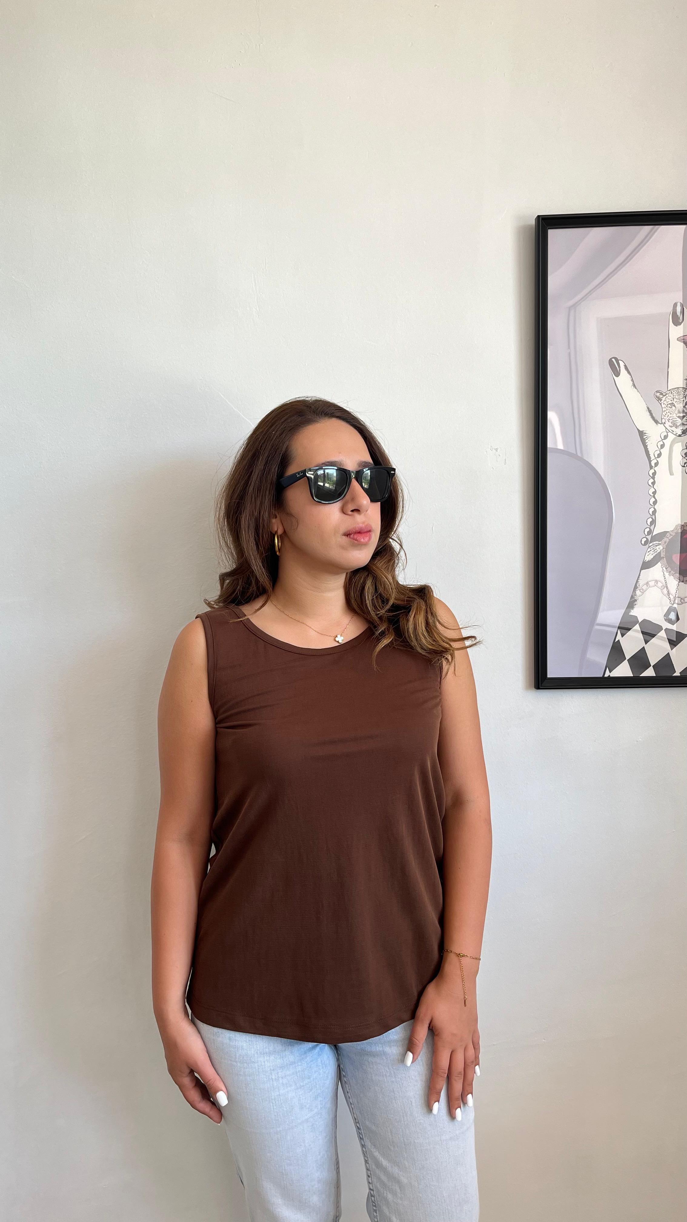 Acı Kahve Kalın Askılı Premium Doku Bluz