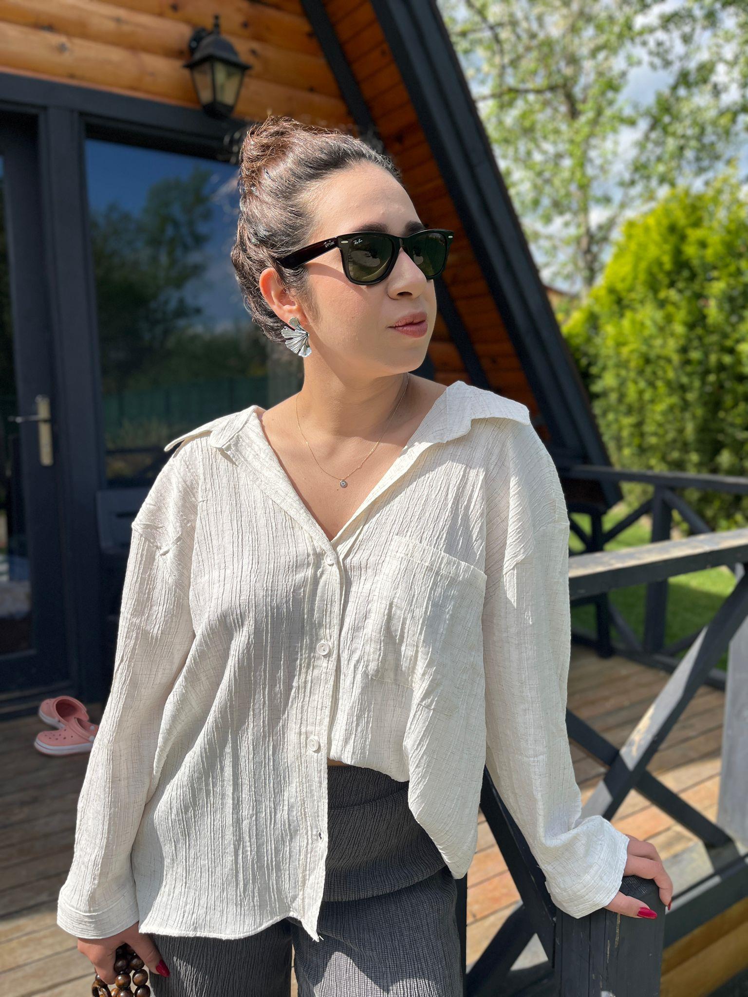 Açık Yaka Krem Çizgi Desen Keten Karışımlı Kadın Gömlek · 9