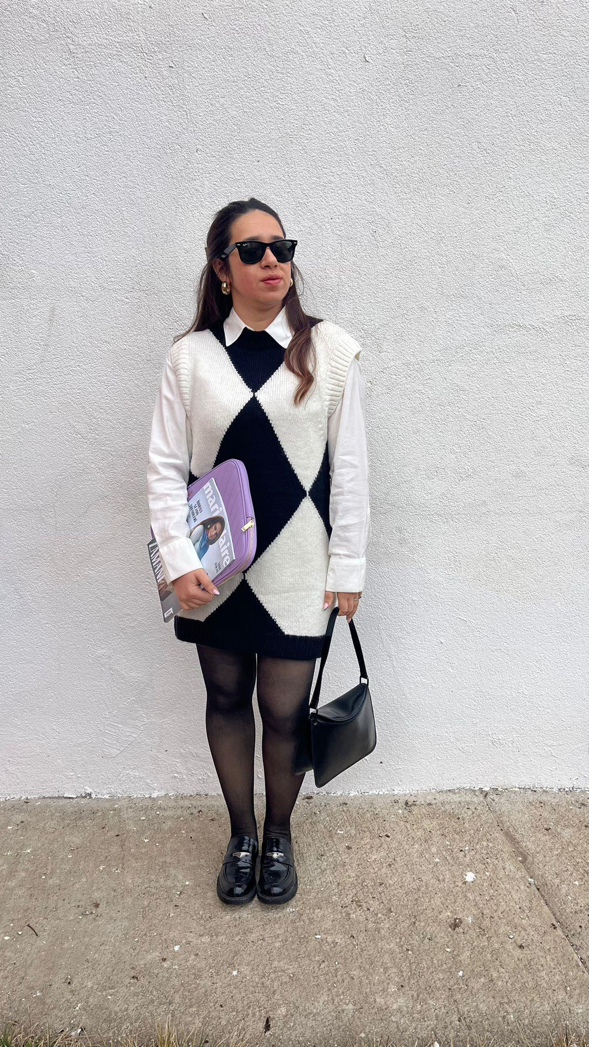 Baklava Desenli Siyah-Beyaz Süveter