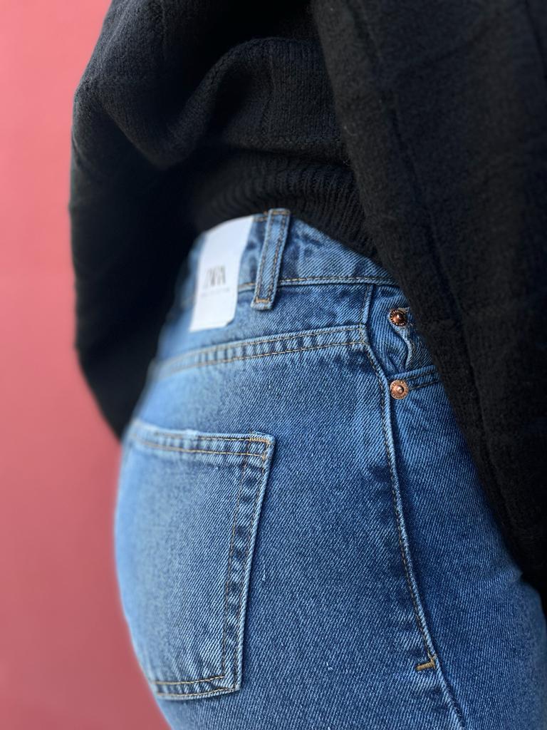 Bel Düğme Detay Mavi Denim Kadın Pantolon · 4