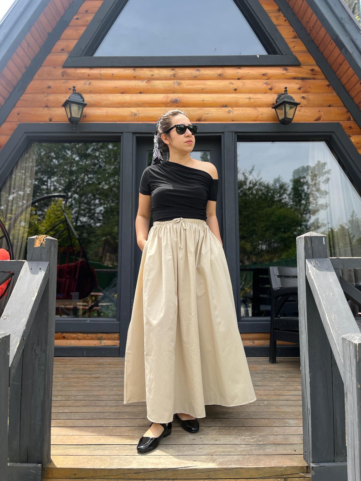 Bel Lastikli Uzun Keten Etek