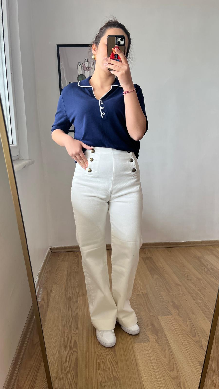 Beyaz Düğme Detaylı Denim Kadın Pantolon