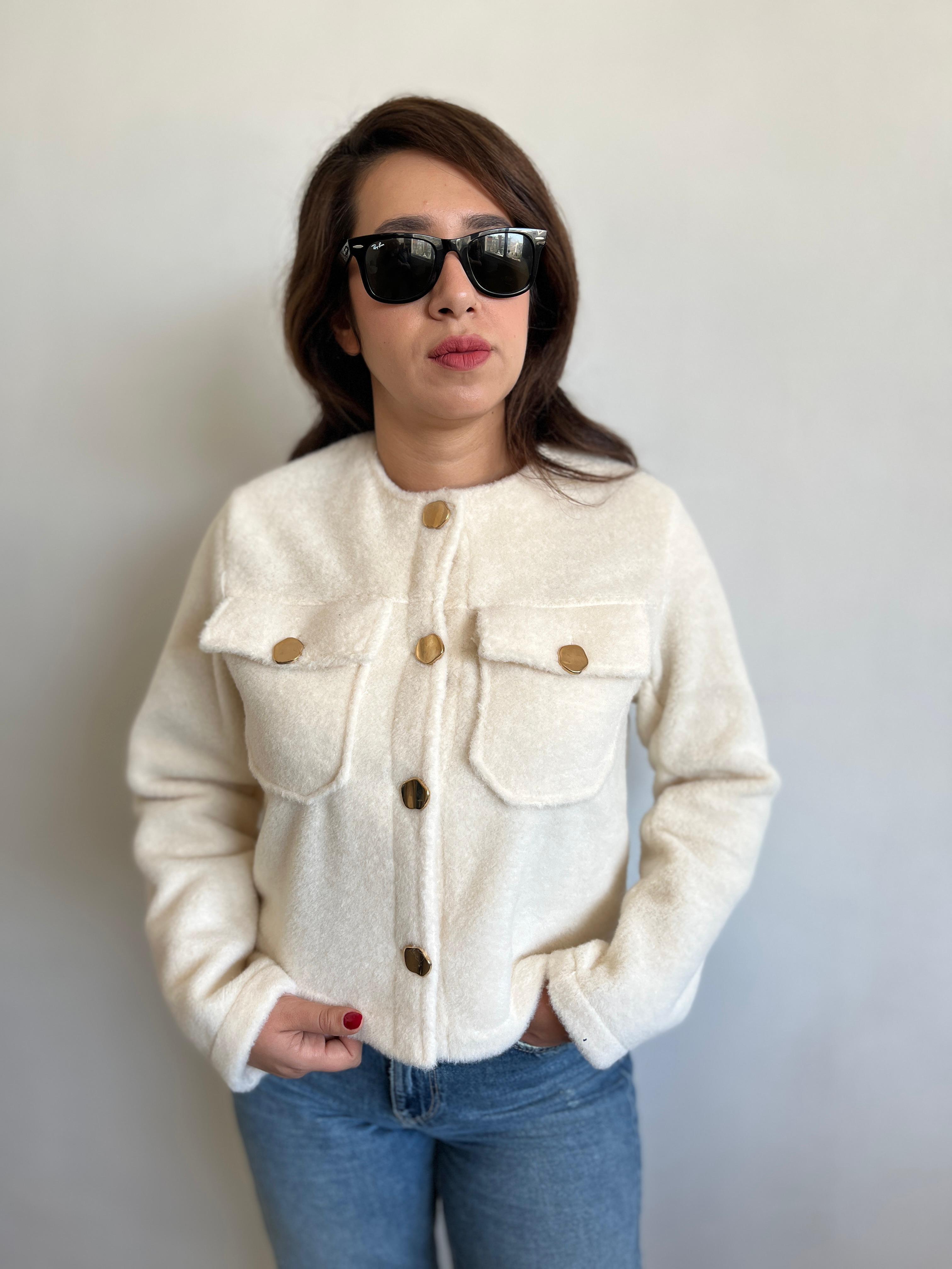 Beyaz Gold Düğmeli Teddy Ceket