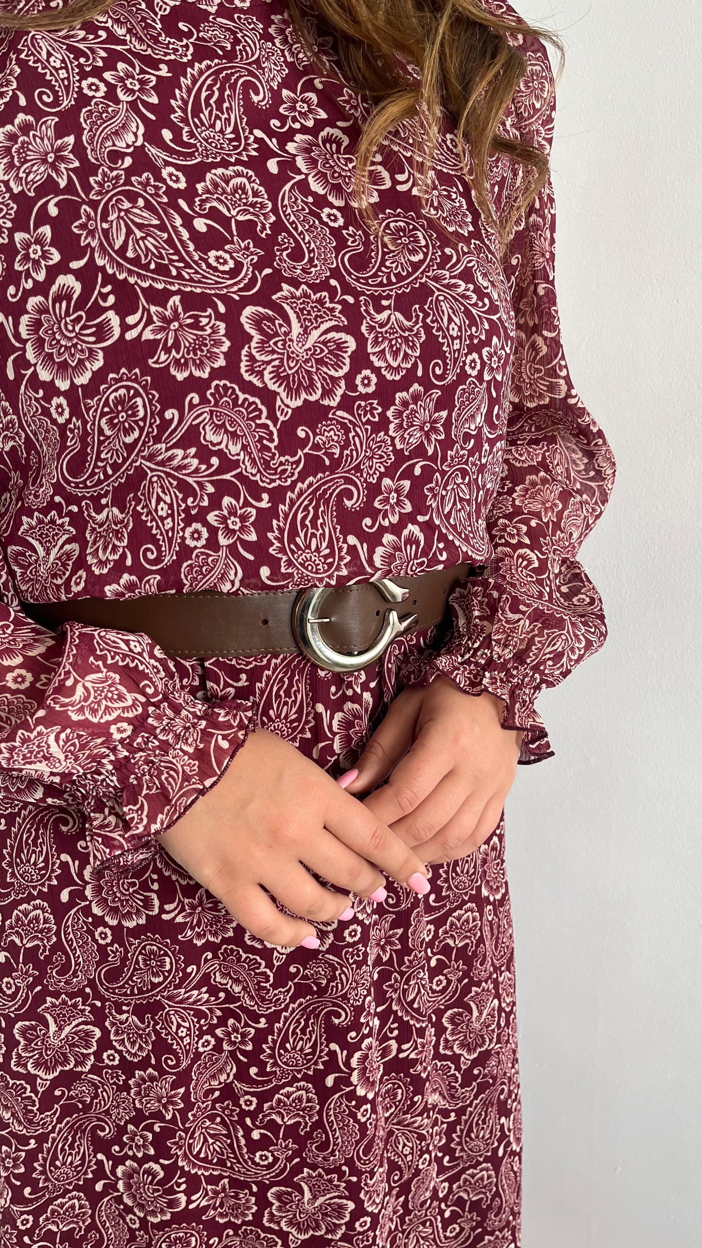Bordo Çiçekli Kemerli Uzun Astarlı Kadın Elbise · 3