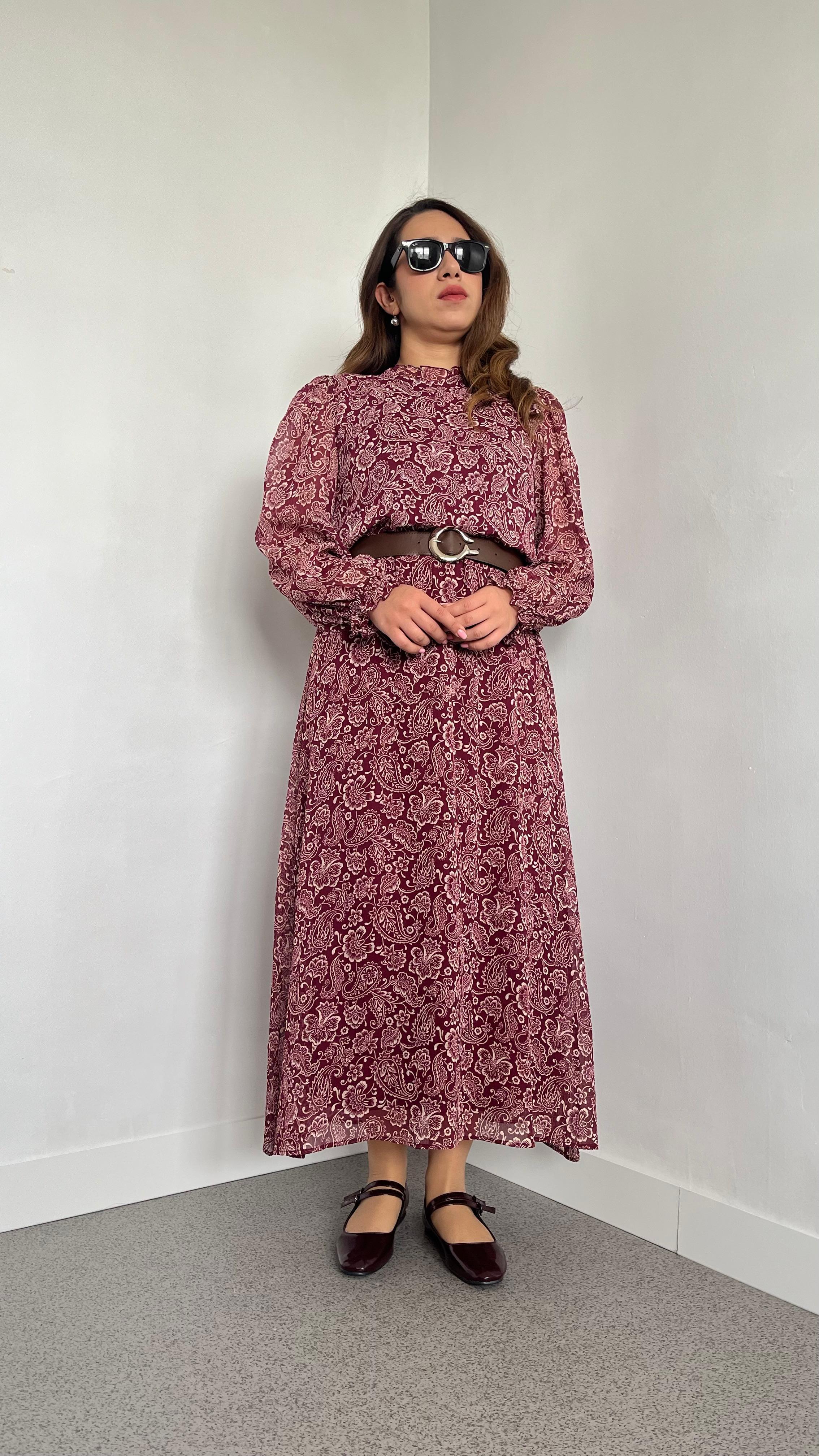 Bordo Çiçekli Kemerli Uzun Astarlı Kadın Elbise · 4