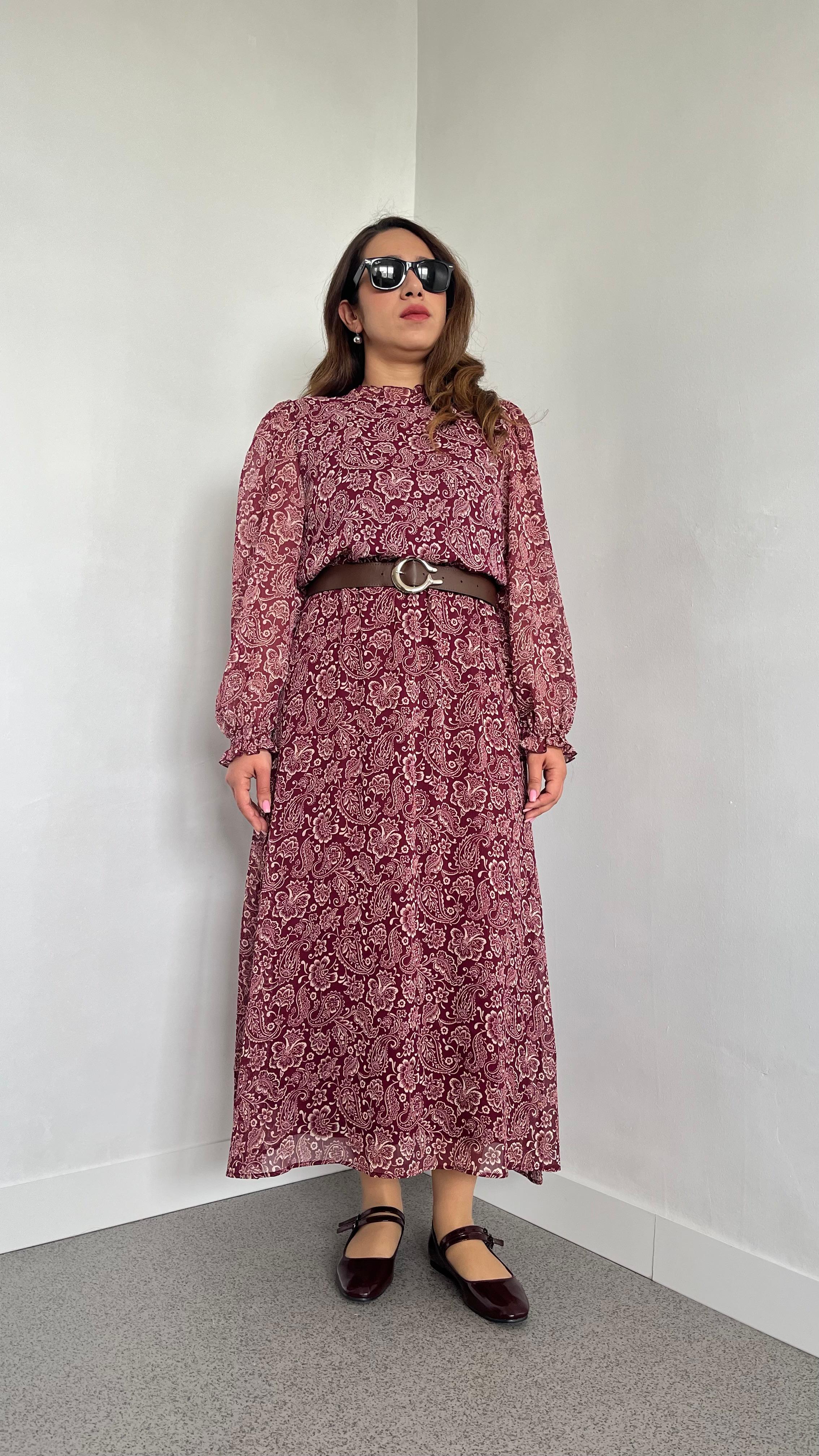 Bordo Çiçekli Kemerli Uzun Astarlı Kadın Elbise