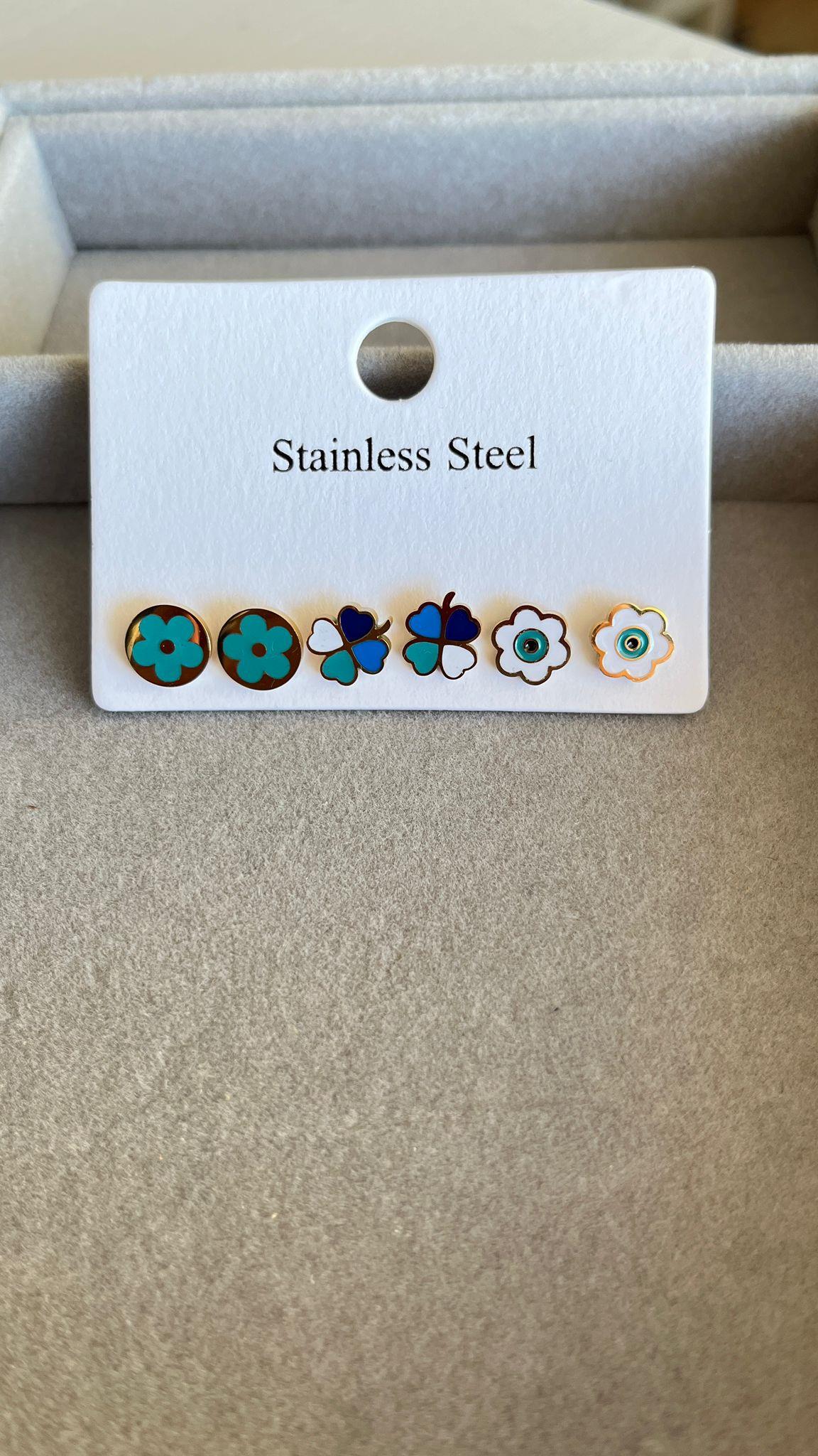 Çelik Üçlü Mavi Yonca Desen Küpe