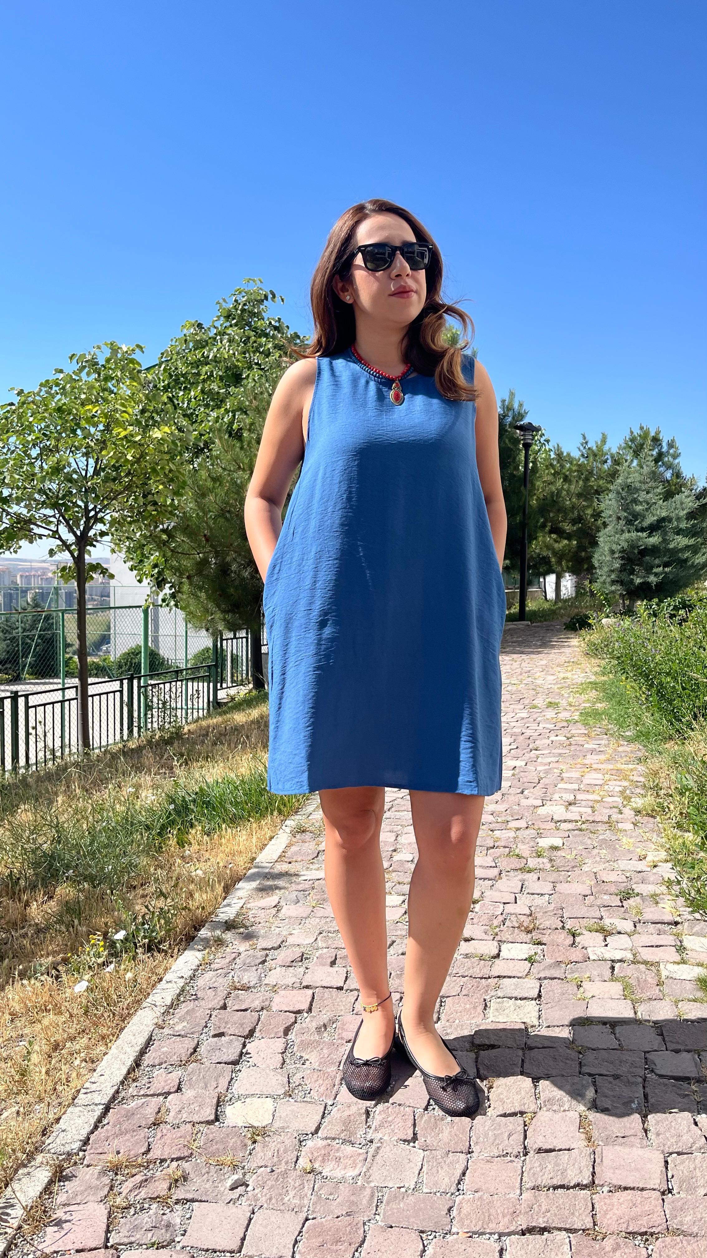 Cepli Müslin Kumaş İndigo Mavi Çan Elbise