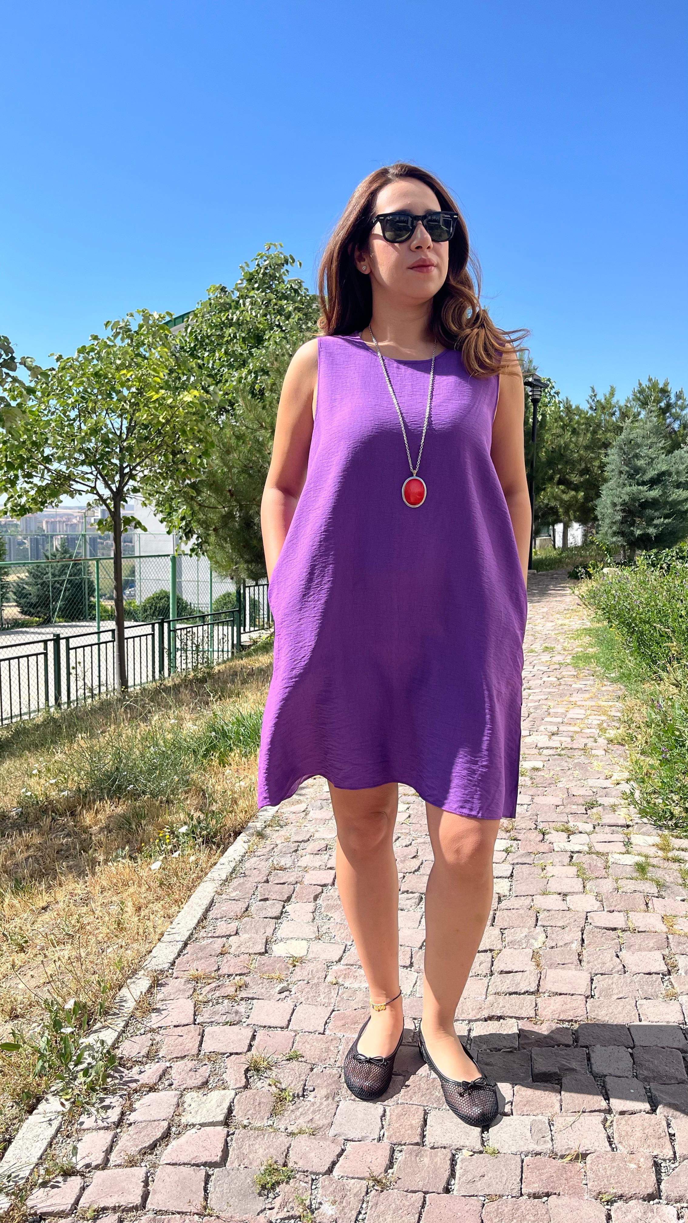 Cepli Müslin Kumaş Mor Çan Elbise