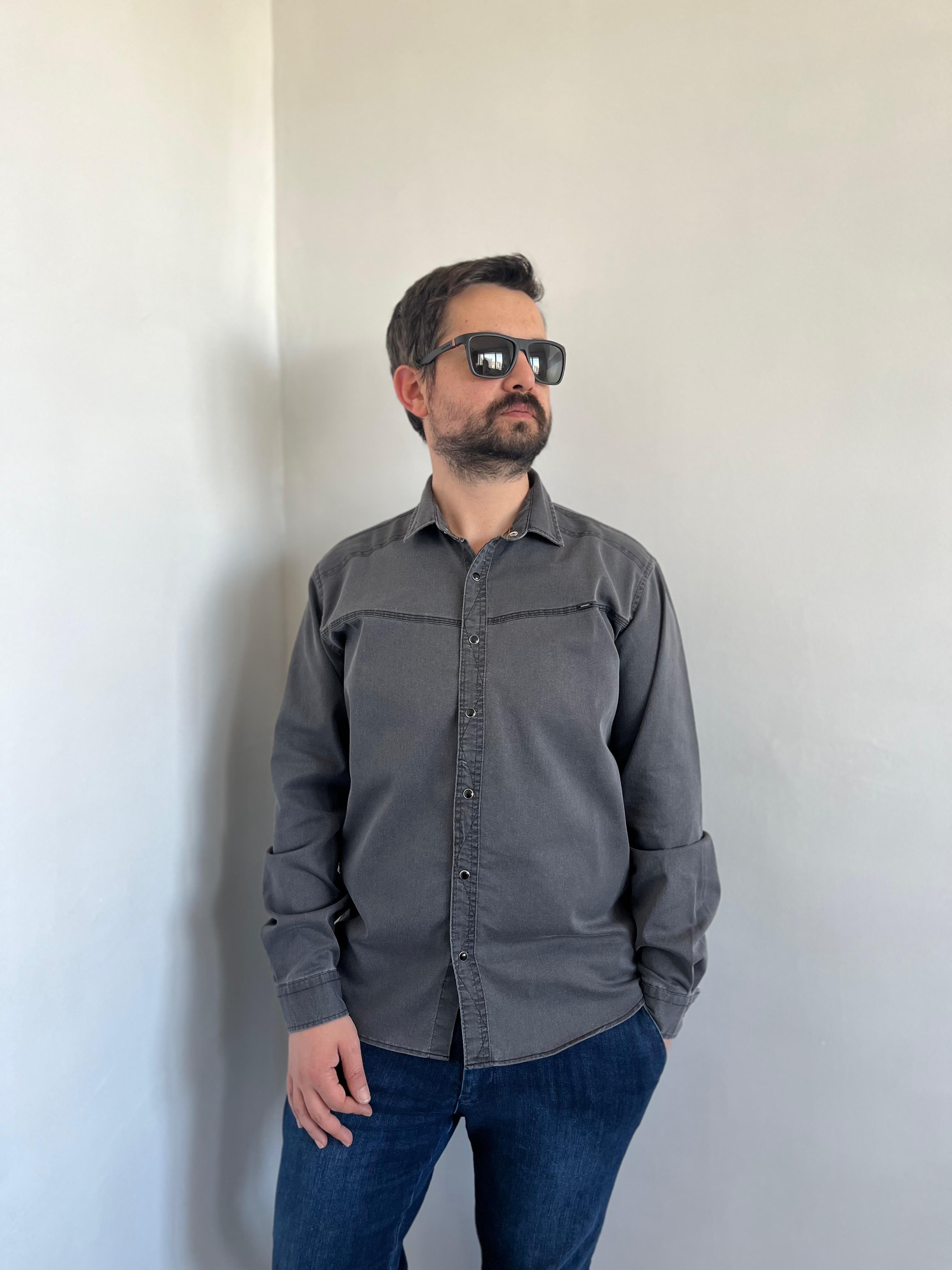 Çıtçıtlı Slim  Antrasit İnce Denim Gömlek