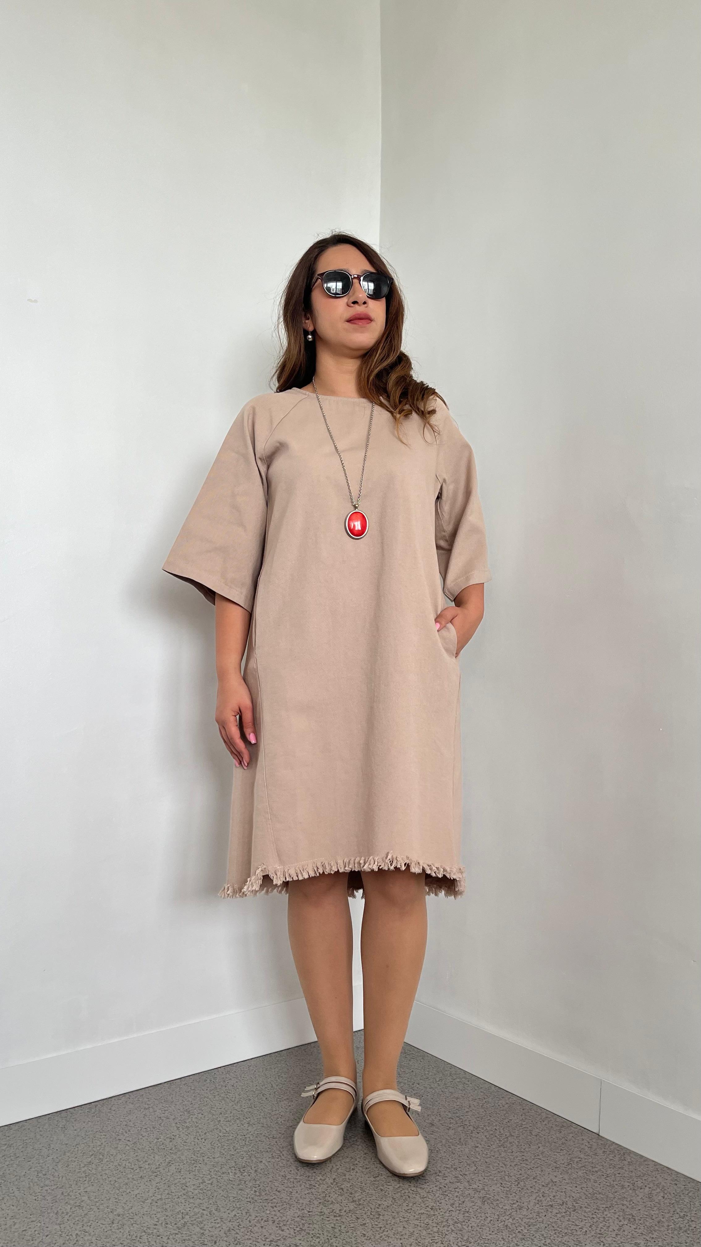 Denim Püsküllü Krem Oversize Elbise