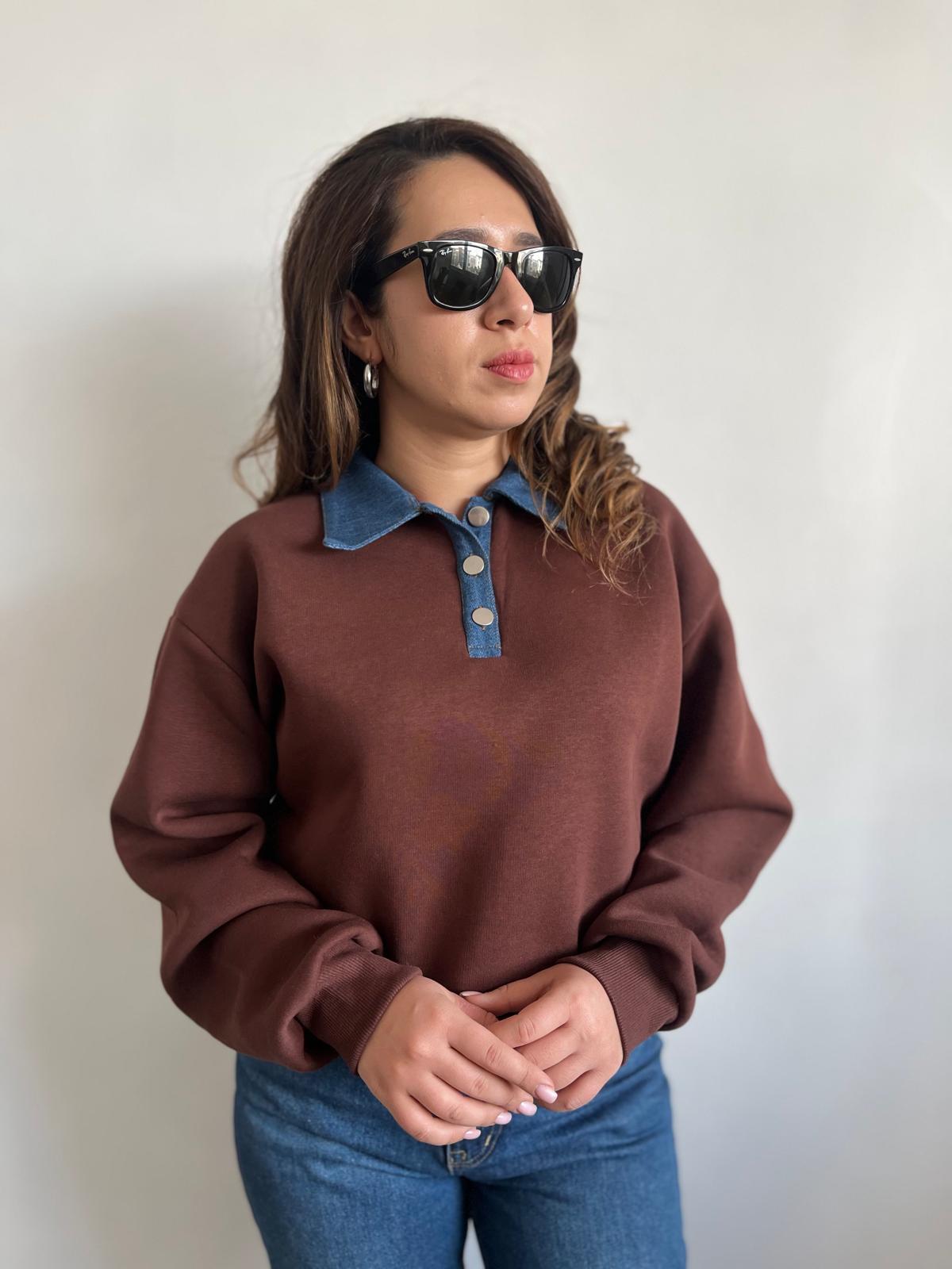 Denim Yaka Kahverengi Sweatshirt