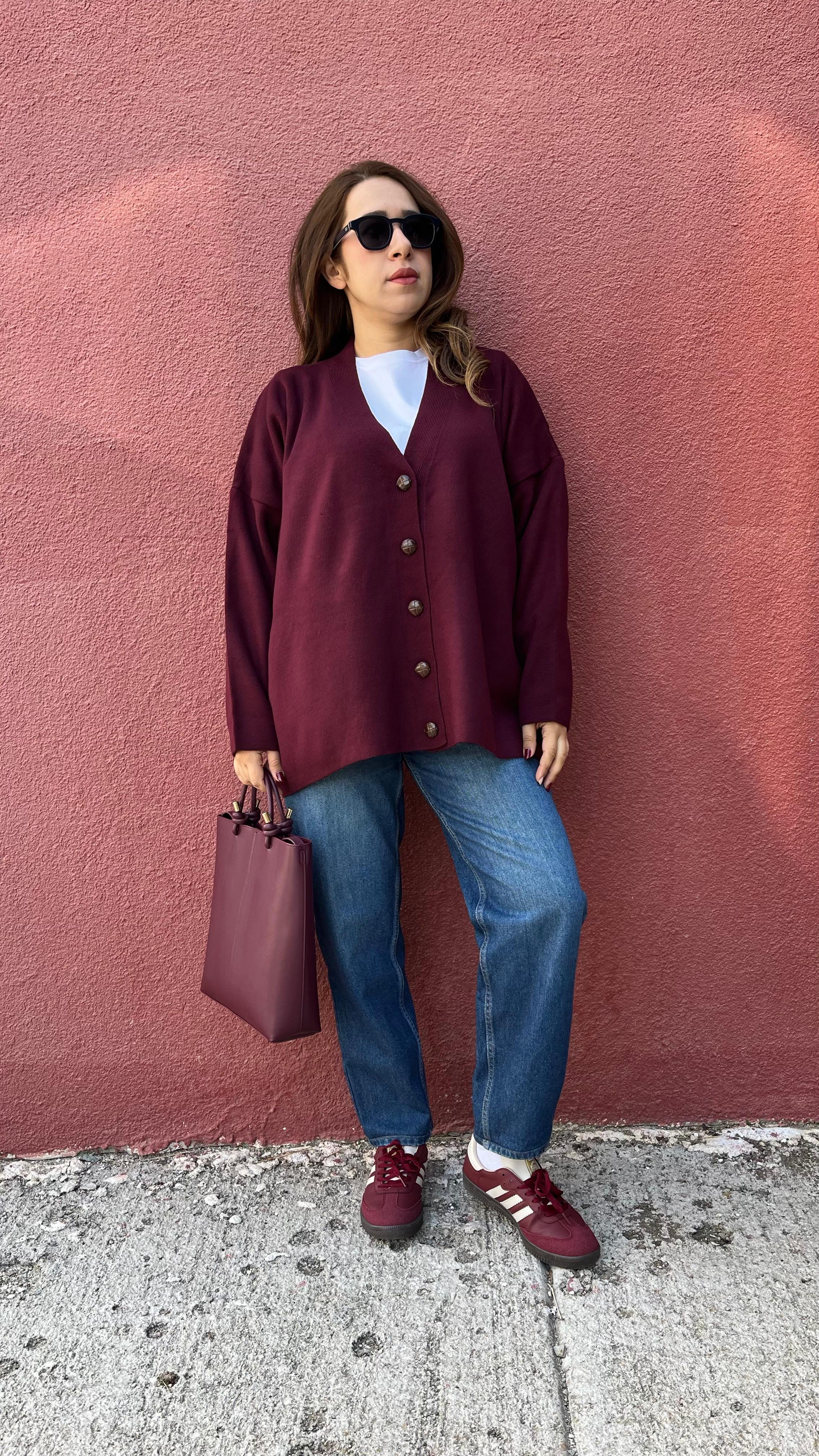 Deri Düğmeli Bordo Oversize Kadın Hırka · 3
