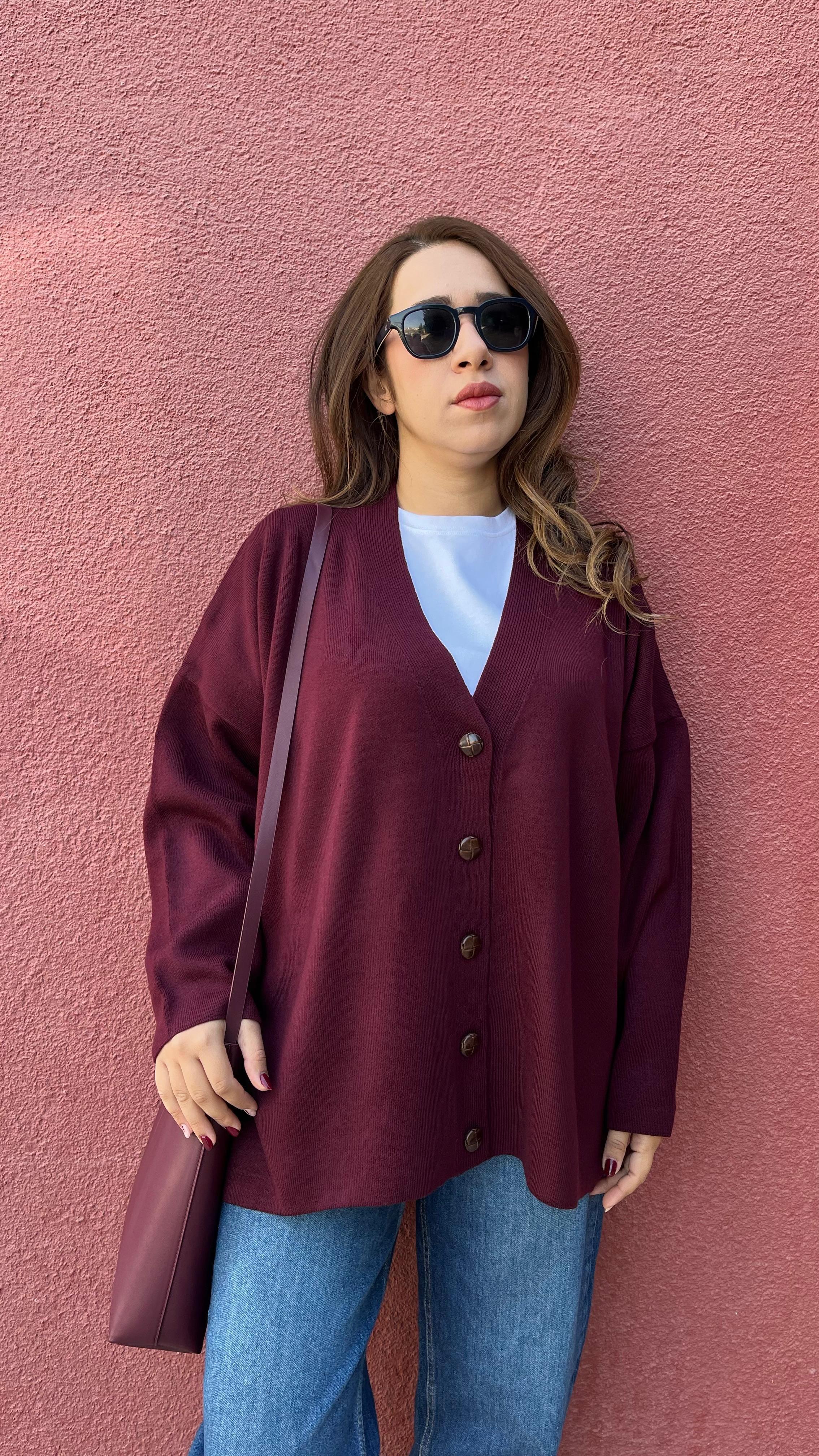 Deri Düğmeli Bordo Oversize Kadın Hırka