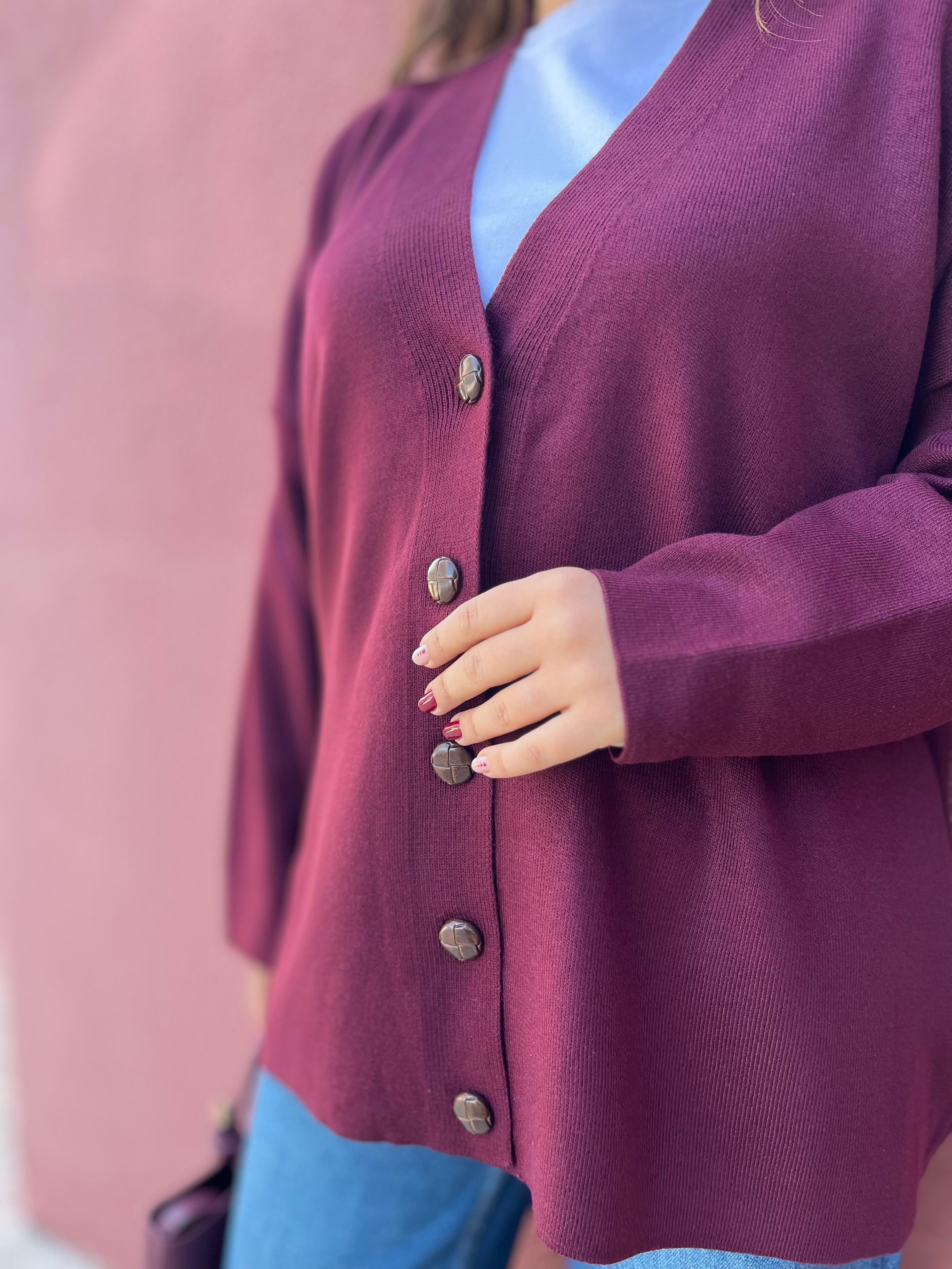 Deri Düğmeli Bordo Oversize Kadın Hırka · 2