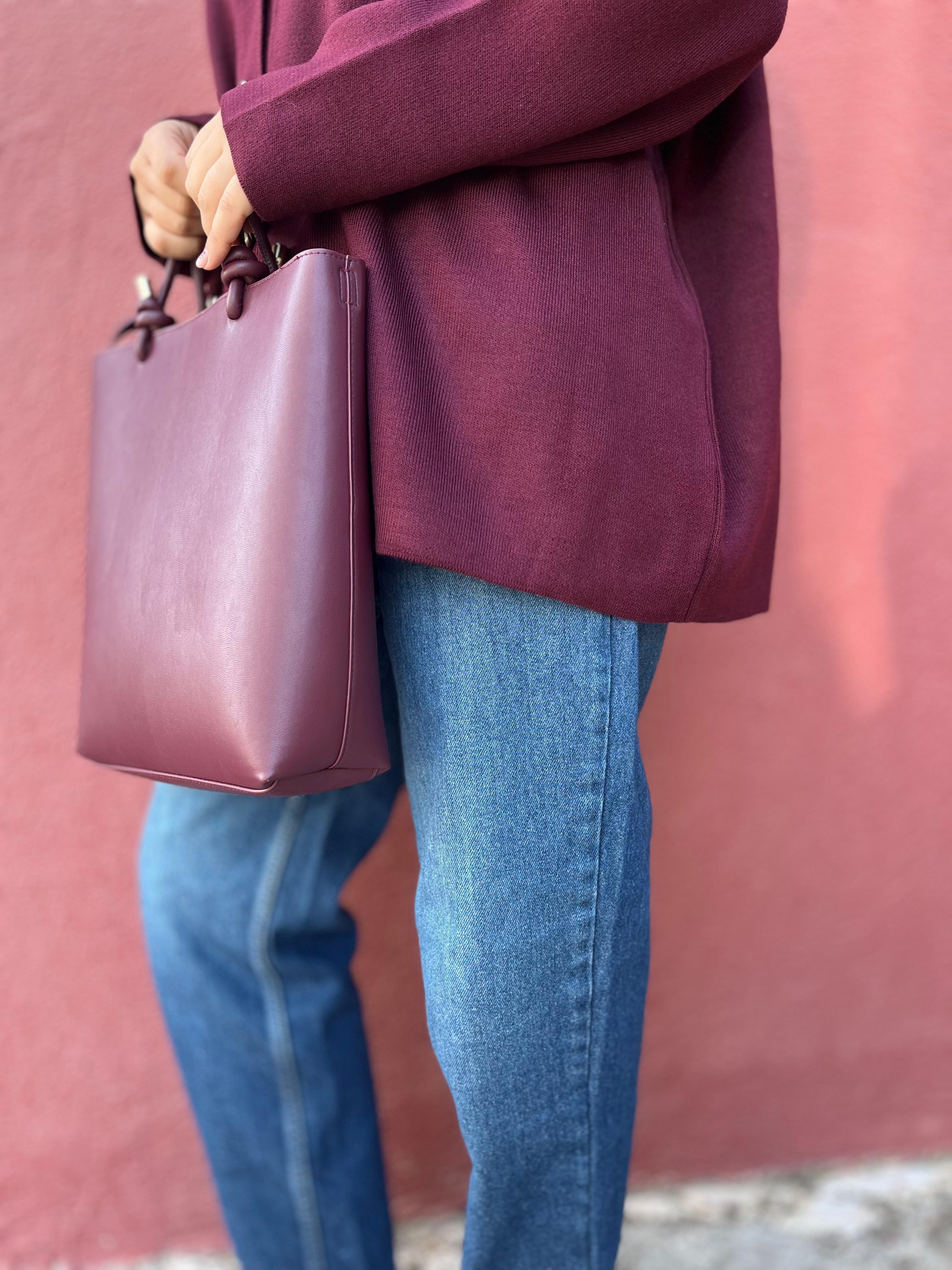 Deri Düğmeli Bordo Oversize Kadın Hırka · 4