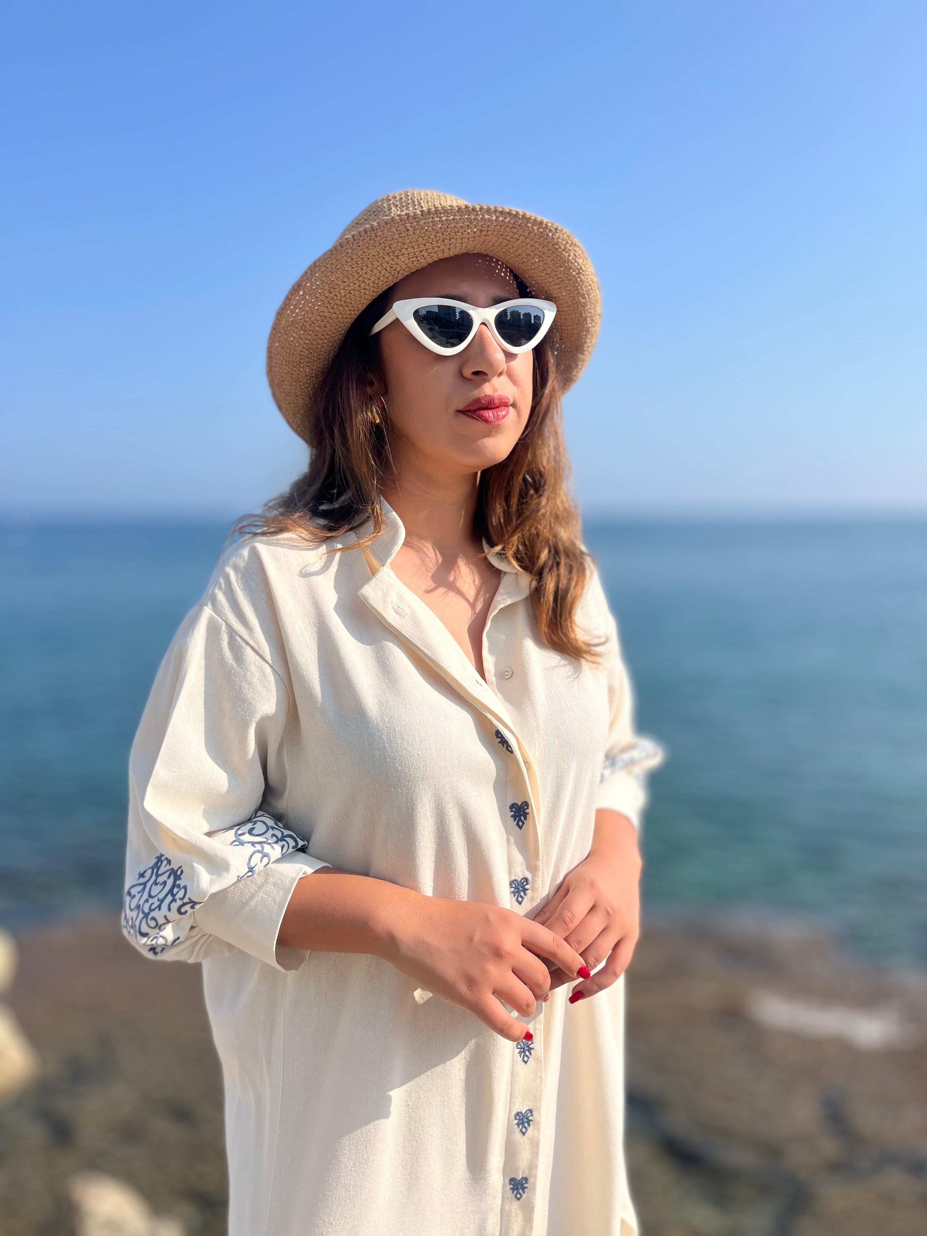 Ekru Ham Keten İşlemeli Elbise · 2