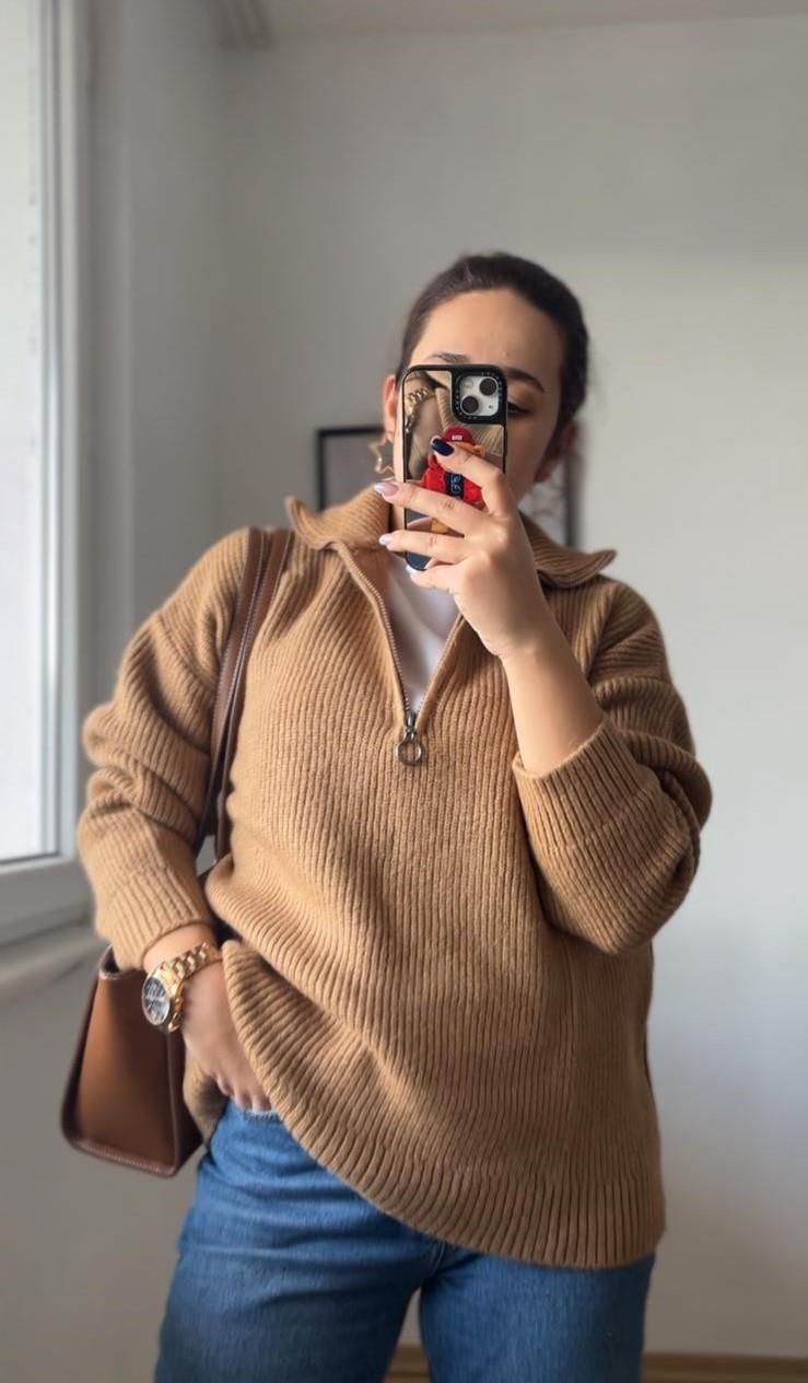 Fermuarlı Camel Kazak