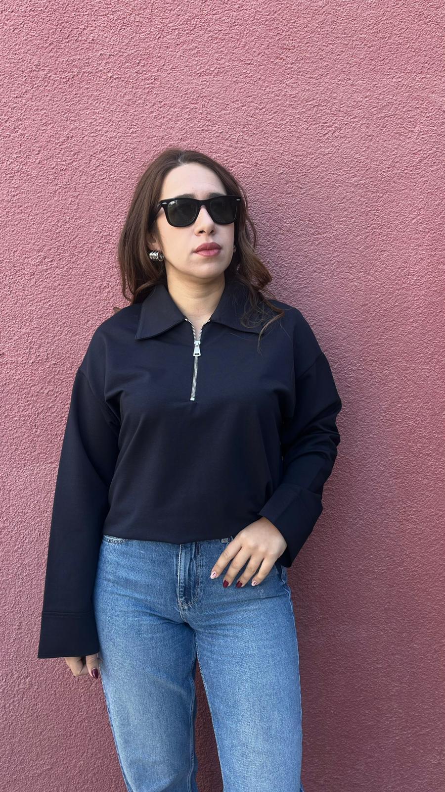 Fermuarlı Polo Yaka Lacivert Sweatshirt