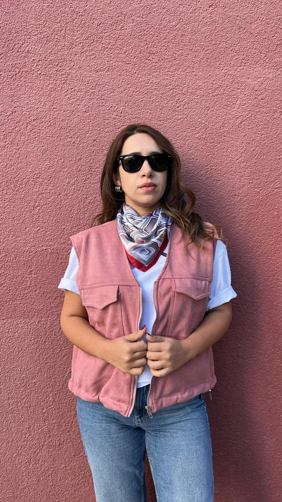 Fermuarlı Süet Pembe Büzgülü Bomber Yelek