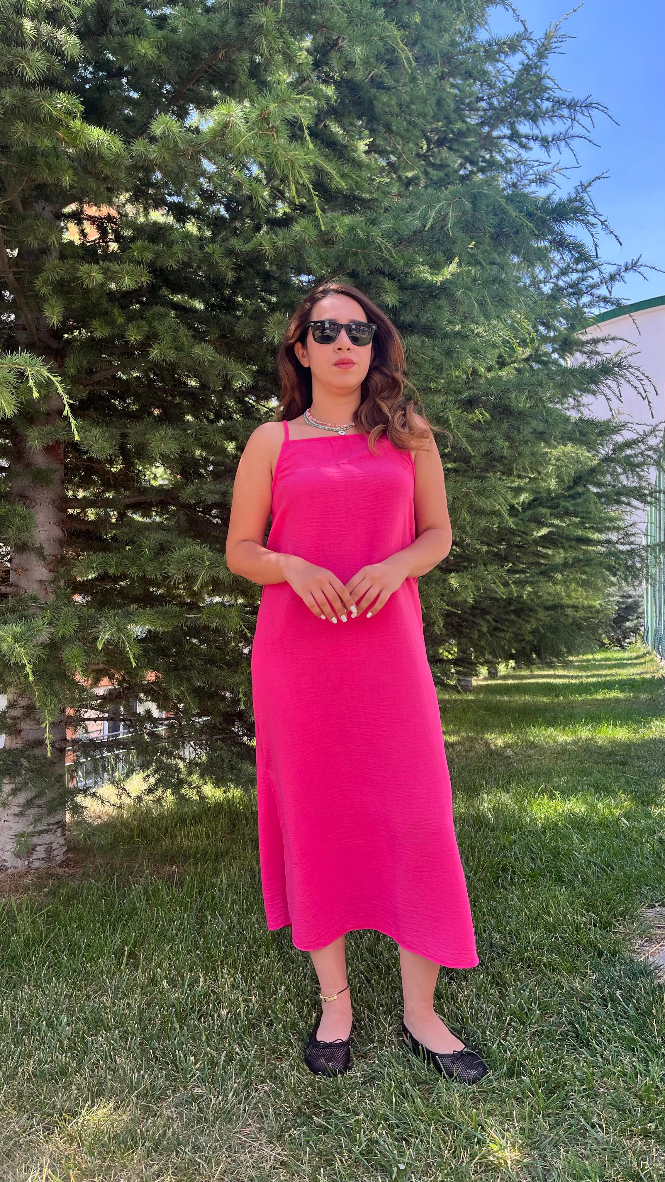 Fuşya Müslin Kumaş Askılı Elbise