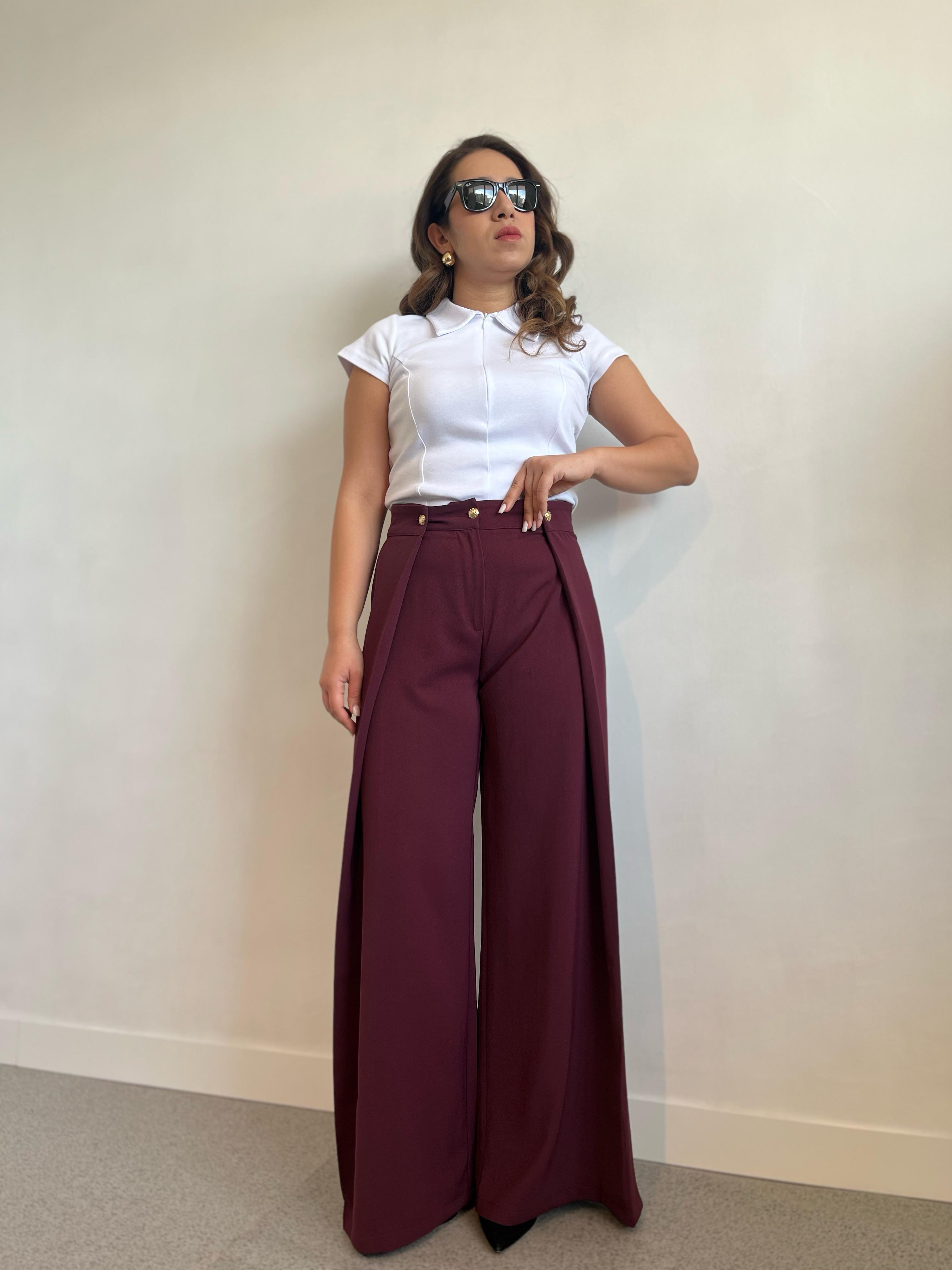 Gold Düğmeli Bordo Kumaş Pantolon