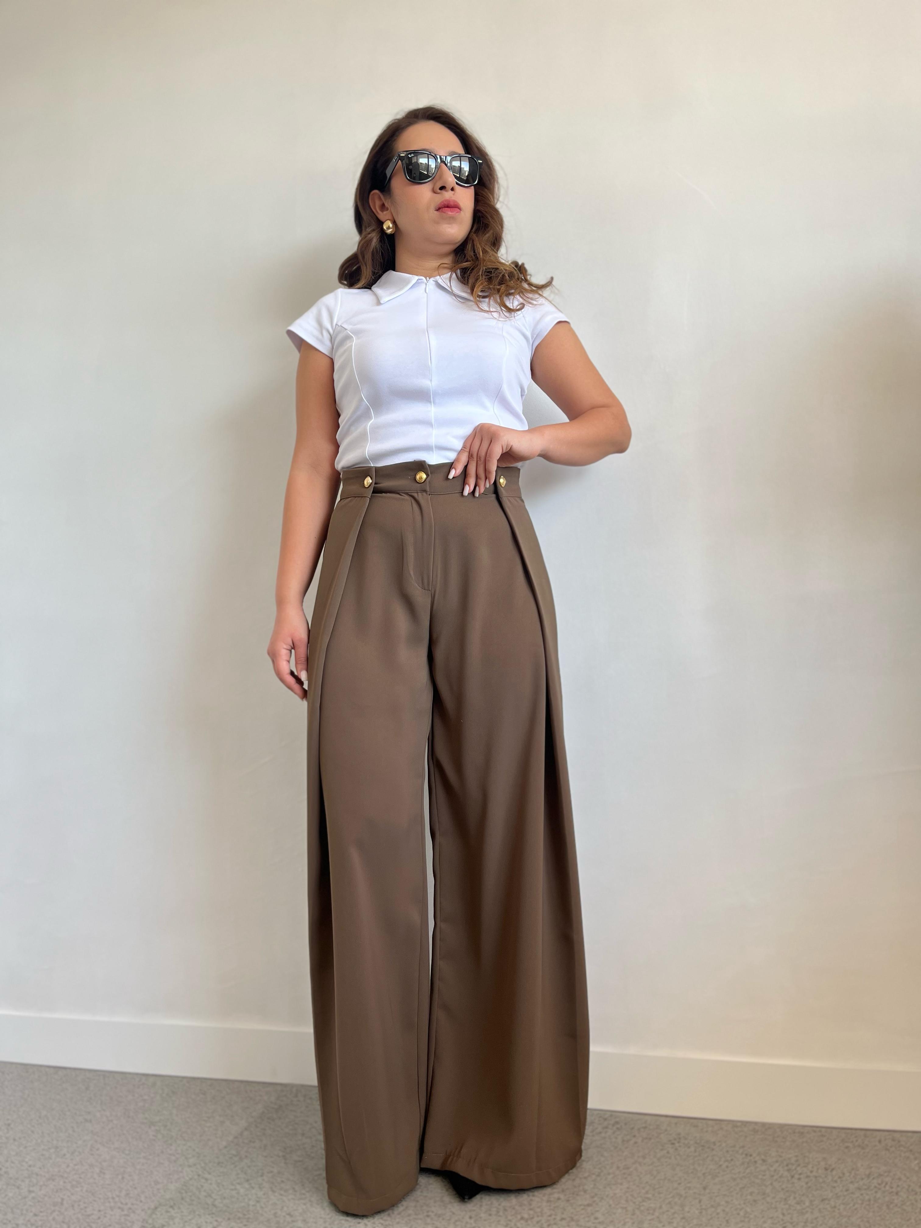 Gold Düğmeli Haki Kumaş Pantolon