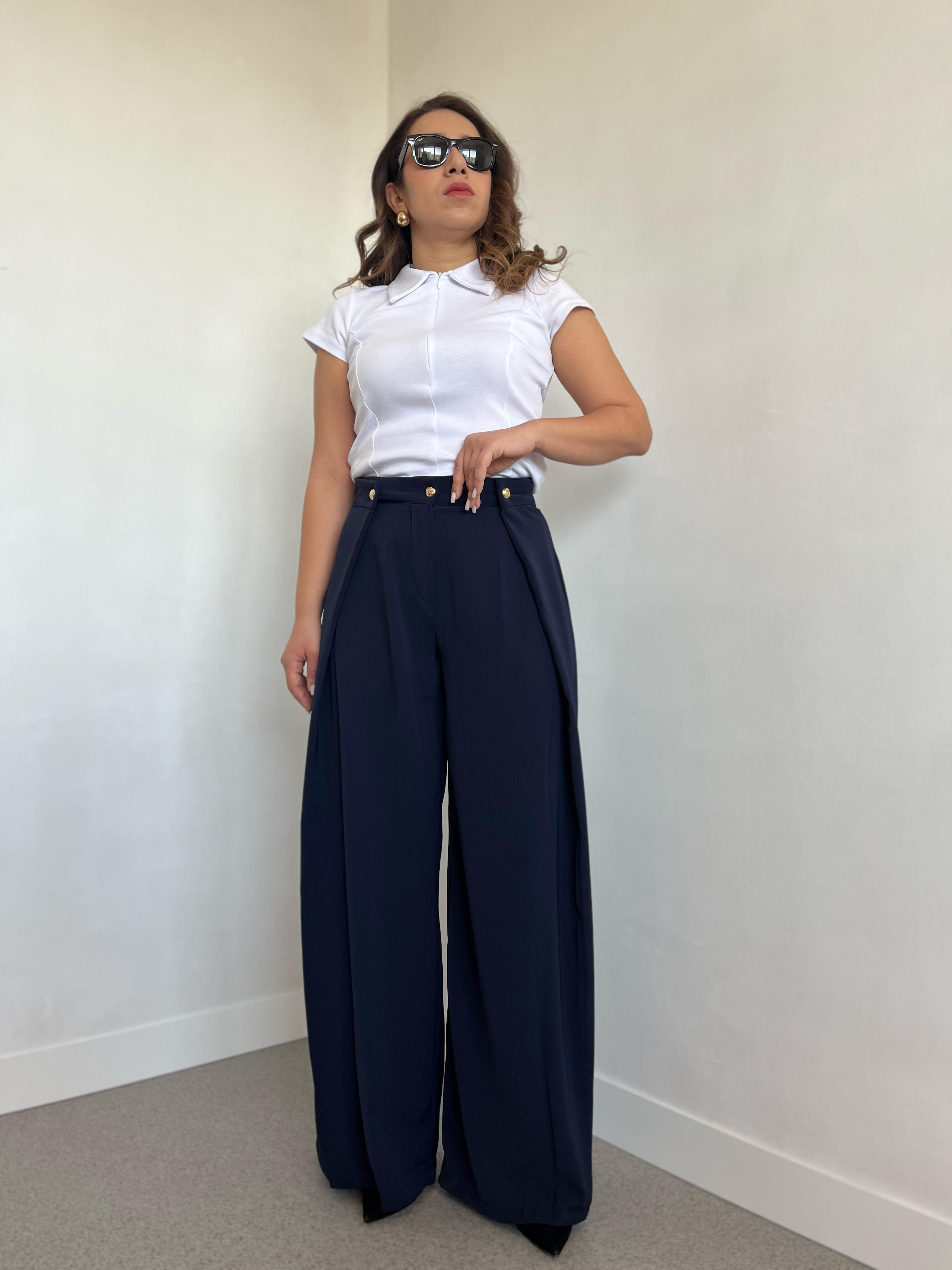 Gold Düğmeli Lacivert Kumaş Pantolon