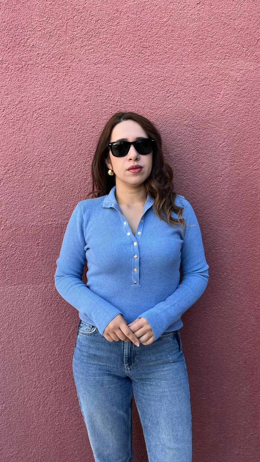 Gold Düğmeli Mavi Uzun Kol Triko