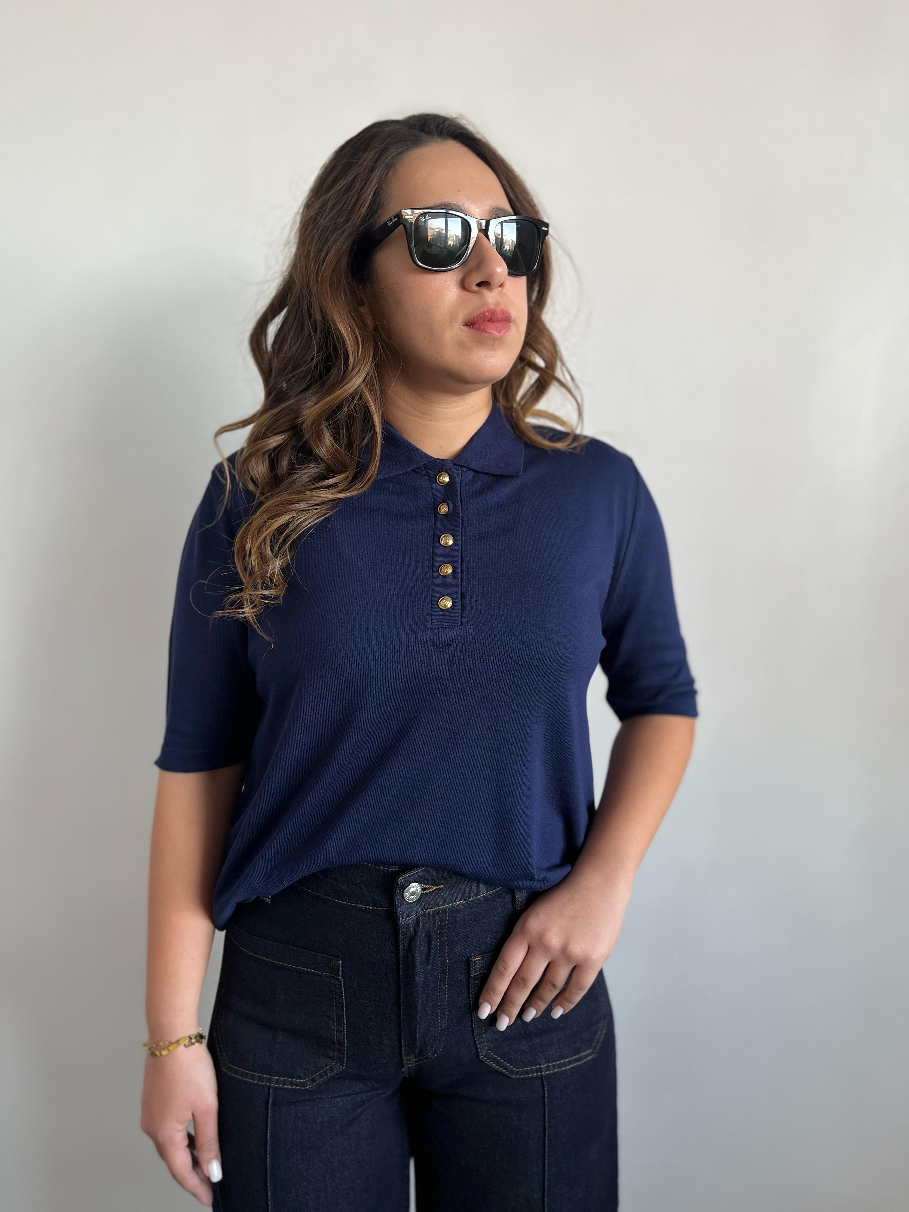 Gold Düğmeli Polo Yaka Lacivert Triko