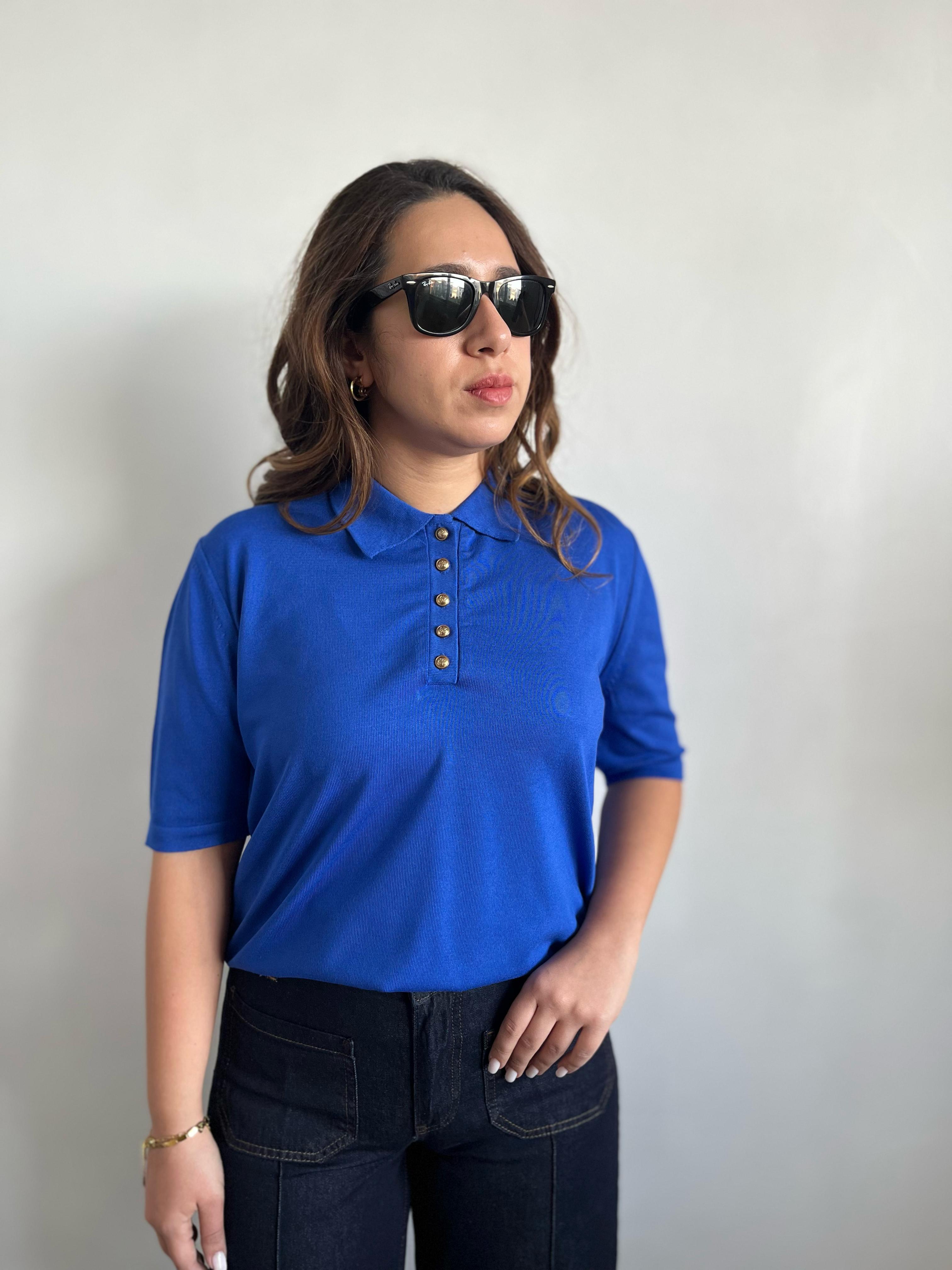 Gold Düğmeli Polo Yaka Mavi Triko